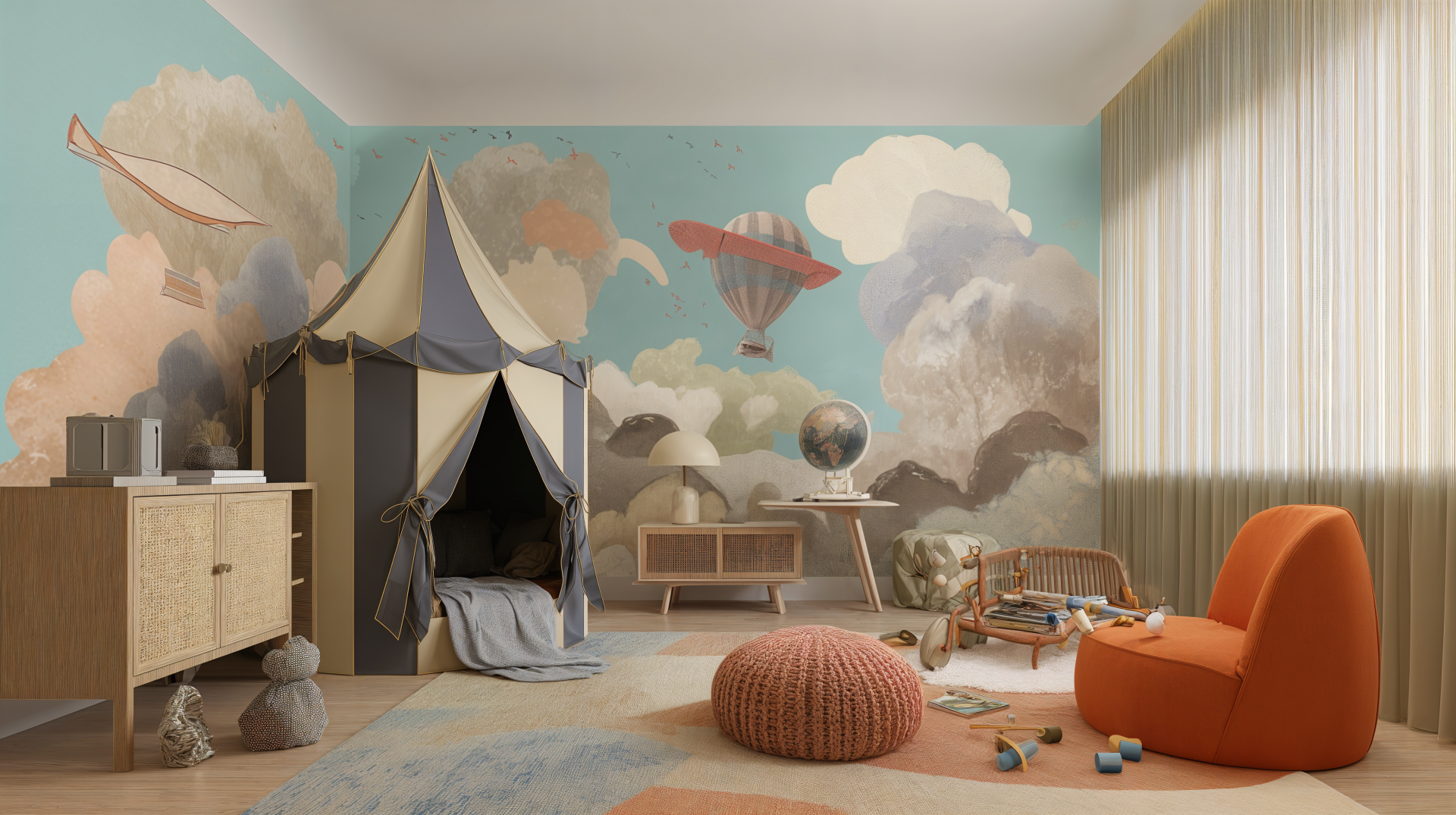 A vibrant kids' room featuring whimsical wall murals, a tent, cozy furniture, and playful toys, captured in stunning 4K Ultra HD.