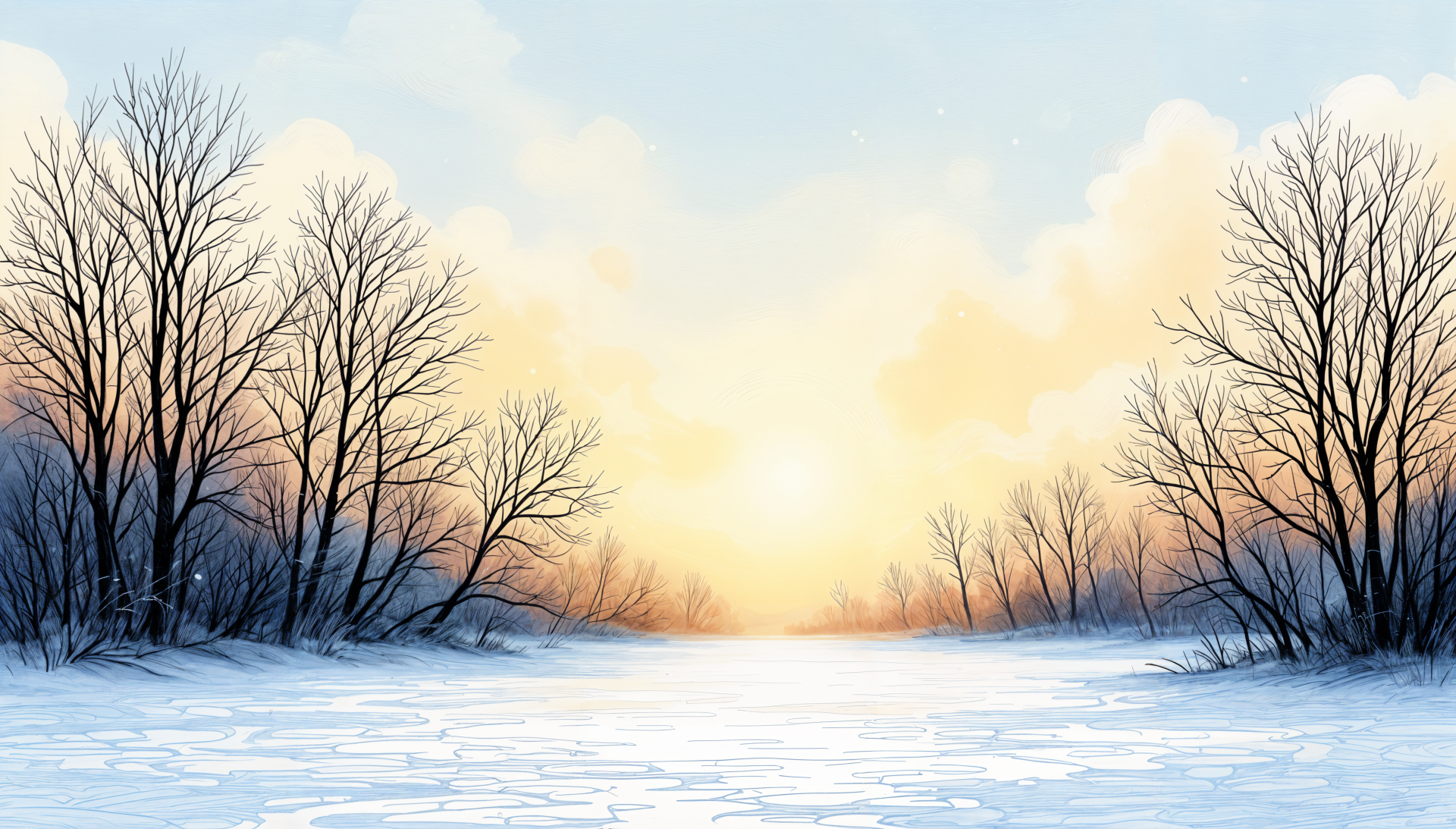 A serene winter sunrise paints the sky with warm hues, illuminating a snowy landscape and bare trees, creating a tranquil 4K Ultra HD desktop wallpaper.