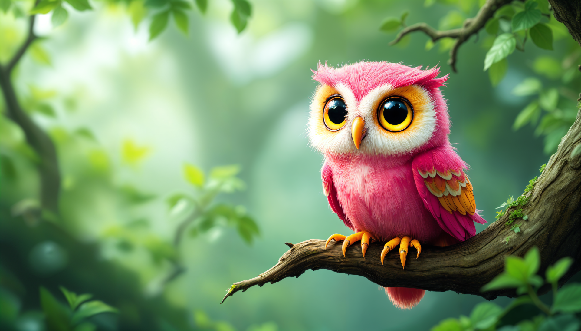A vibrant pink cartoon owlet with large eyes perched on a wooden branch in a lush, fantasy forest setting, rendered in 4K Ultra HD.