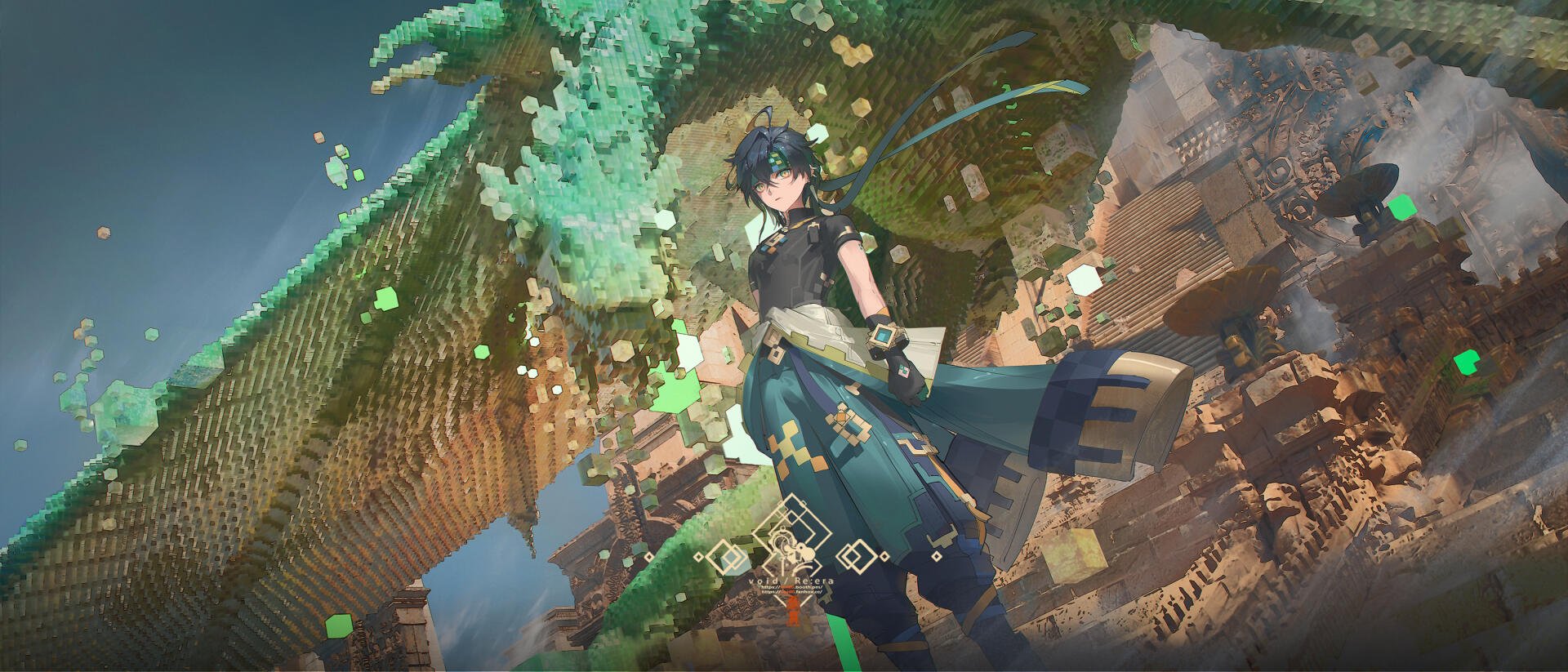 HD PC desktop wallpaper featuring Kinich from Genshin Impact, showcasing intricate character design and a dynamic fantasy background.