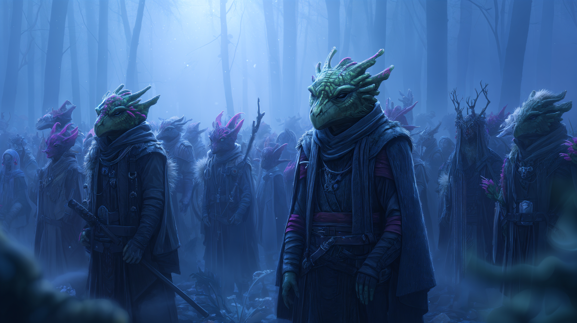 A mystical gathering of fantasy characters featuring reptilian figures in cloaks, set in a foggy forest, showcasing intricate details in vibrant 4K Ultra HD quality.