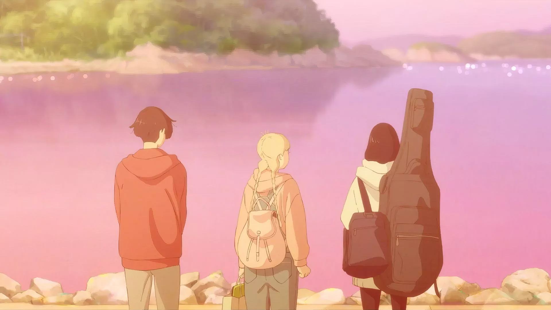An HD anime wallpaper titled The Colors Within, featuring three characters facing a serene pink-hued lake, surrounded by lush greenery, evoking a sense of tranquility and connection.