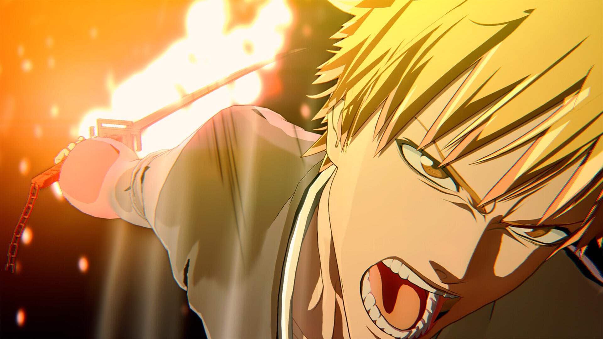 High-definition wallpaper featuring Ichigo Kurosaki from the video game Bleach: Rebirth of Souls, capturing an intense moment as he wields his sword amidst fiery effects.