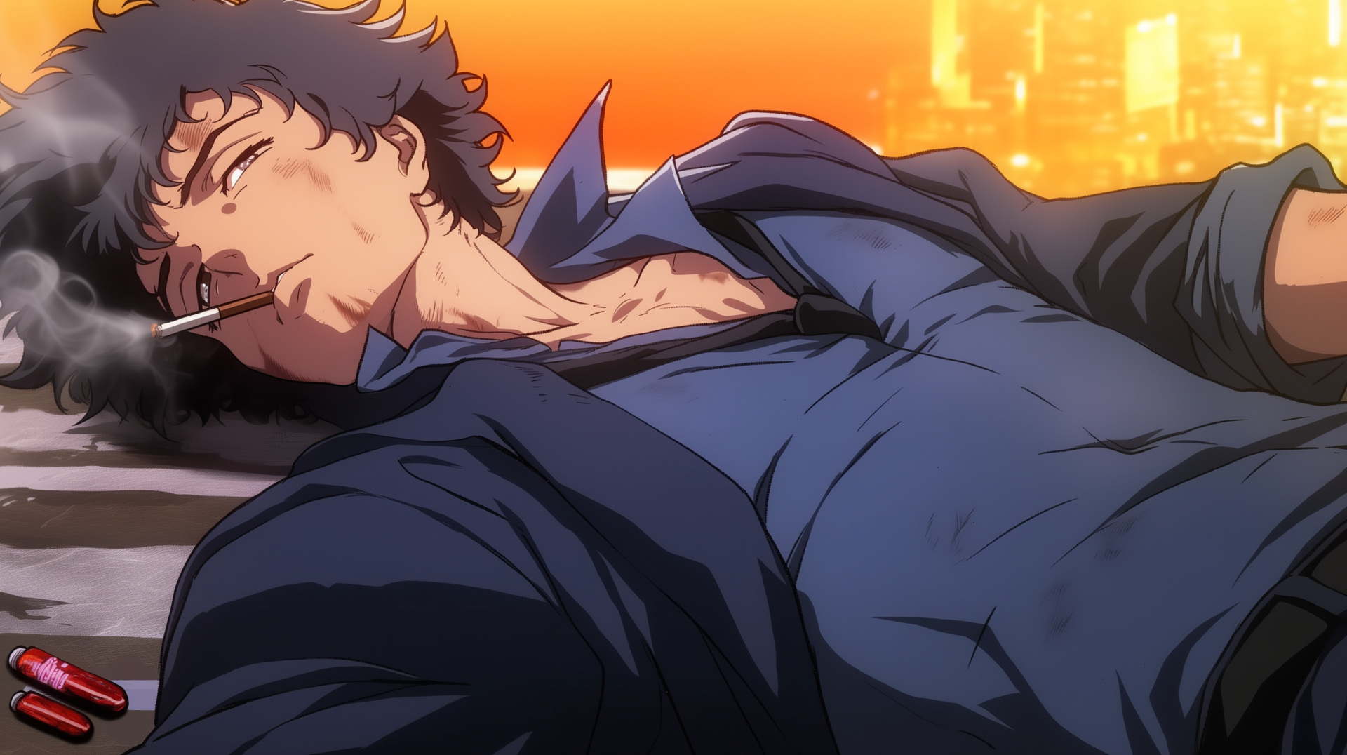 A HD desktop wallpaper featuring Spike Spiegel from the anime Cowboy Bebop, portraying a laid-back anime boy against a vibrant sunset backdrop.