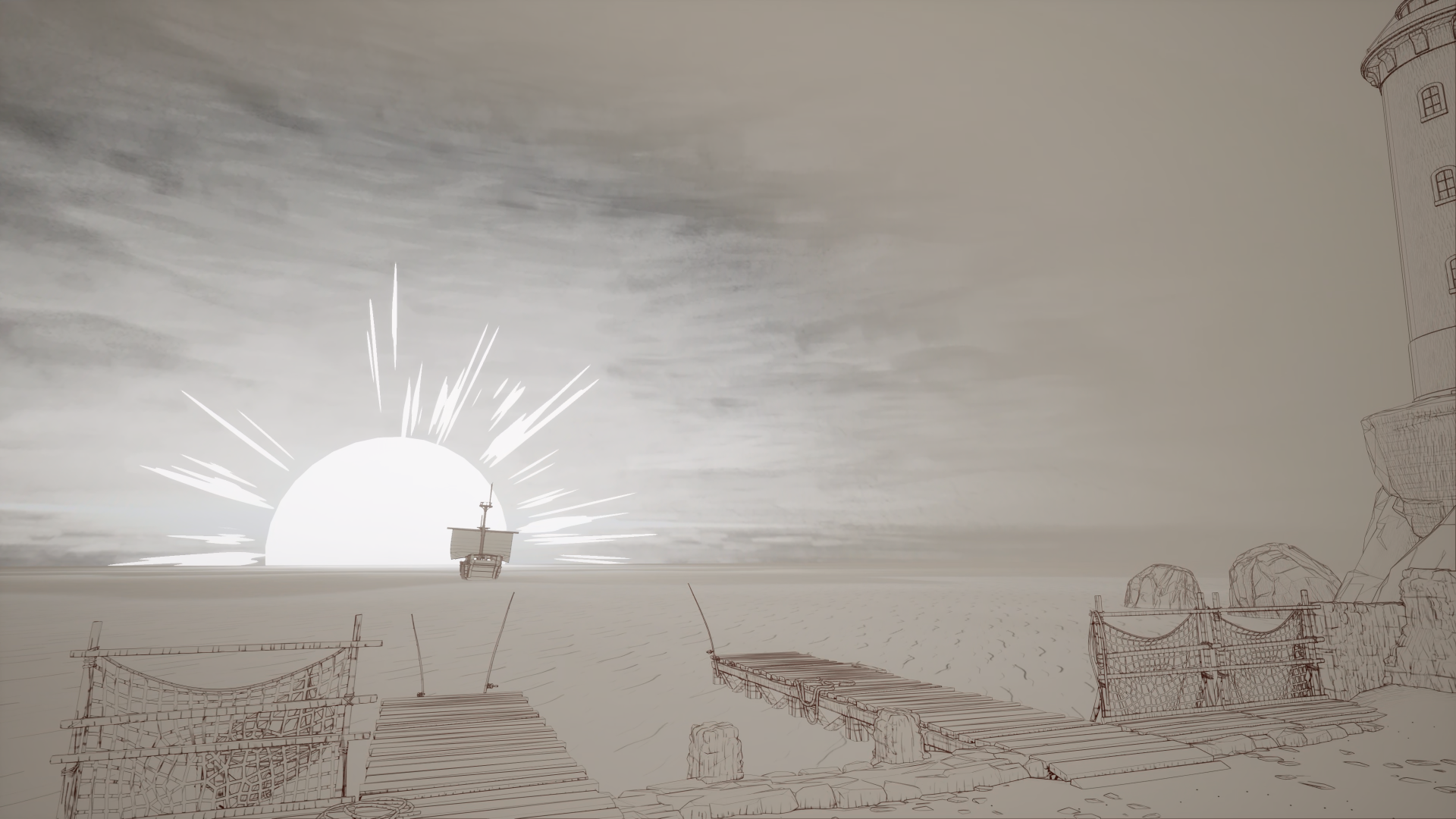 4K Ultra HD cartoon-style wallpaper from the video game Split Fiction, featuring a minimalist pier scene with a glowing sun on the horizon.