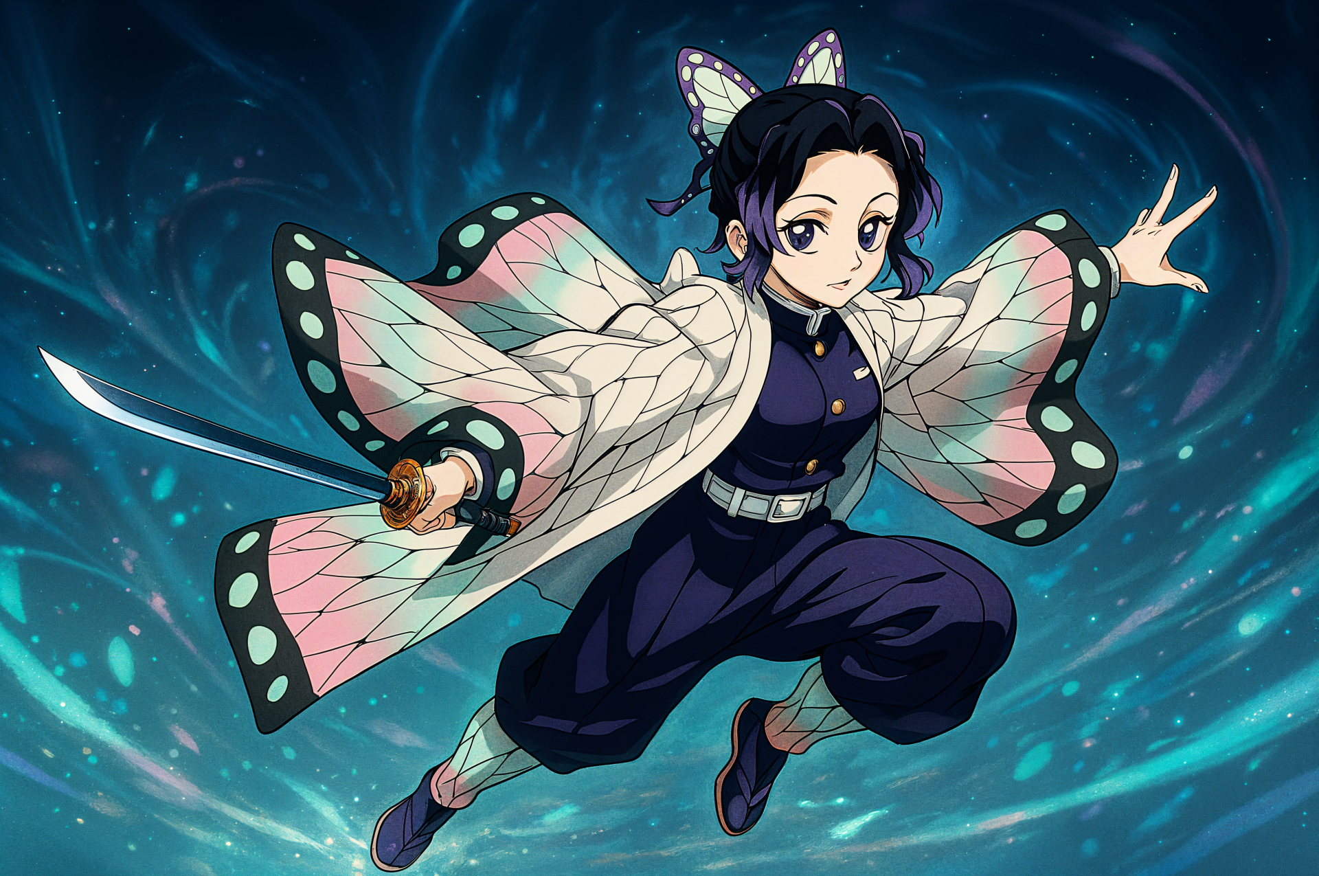 Shinobu Kochou from Demon Slayer: Kimetsu no Yaiba strikes a dynamic pose, wielding her sword against a swirling, colorful background in this stunning 4K Ultra HD wallpaper.