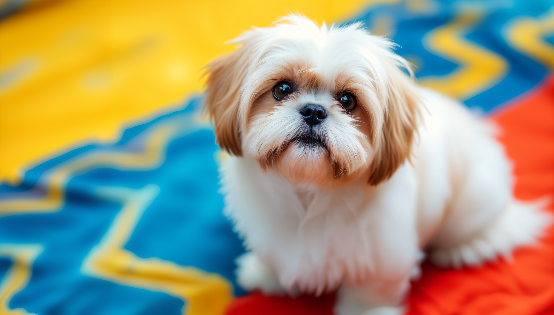 A charming Shih Tzu sits on a colorful rug, showcasing its fluffy coat and expressive eyes. This vibrant image serves as a stunning 4K Ultra HD PC desktop wallpaper and background.