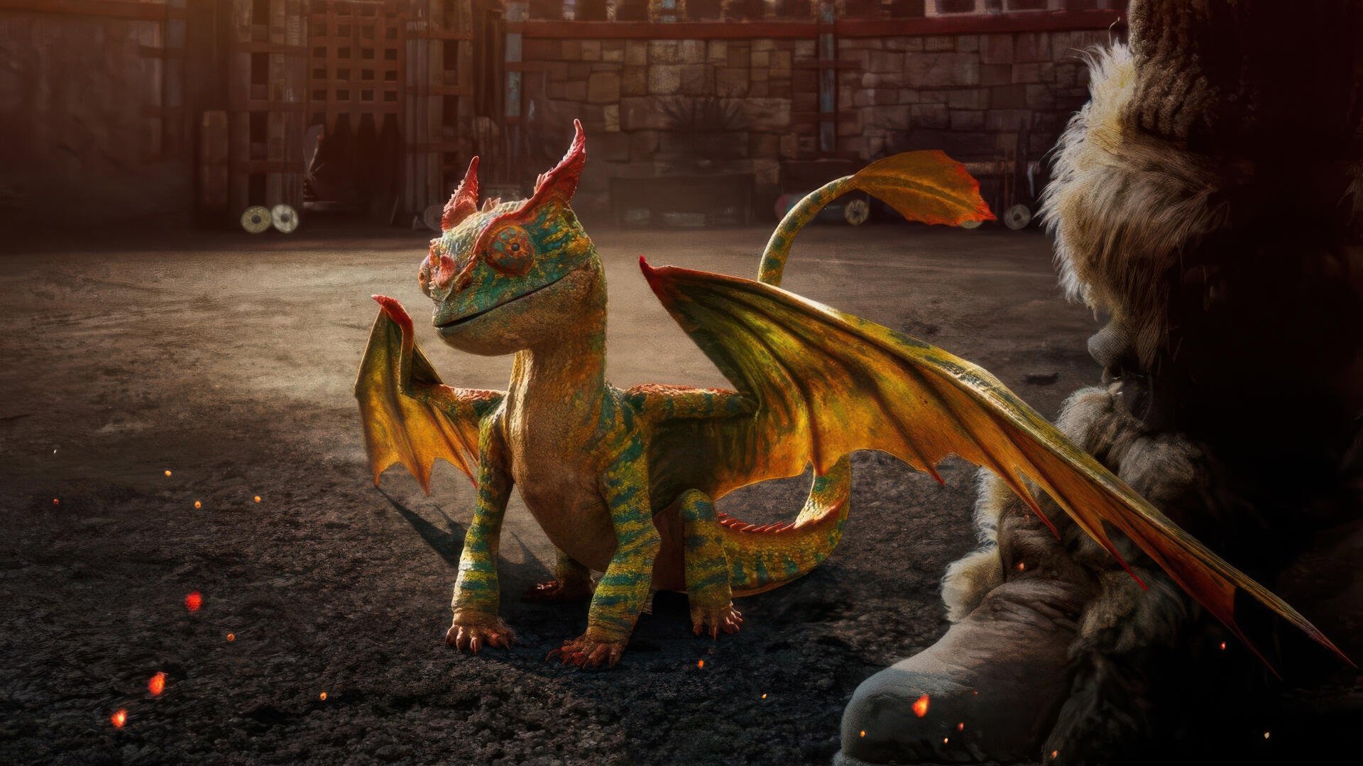 4K Ultra HD desktop wallpaper featuring a detailed dragon hatchling from How to Train Your Dragon (2025) set in a dimly lit, rustic environment.