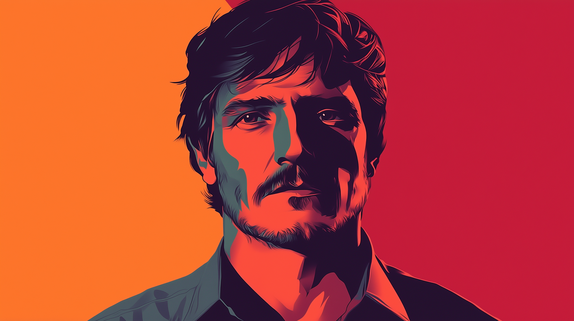 A minimalist HD desktop wallpaper featuring a stylized portrait of Pedro Pascal, showcasing bold colors and striking contrasts against a vibrant background.