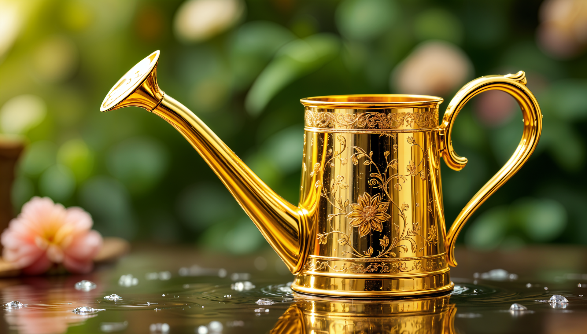 A gold watering can sits on a reflective surface, adorned with floral patterns, surrounded by lush greenery. This vibrant image is a stunning 4K Ultra HD desktop wallpaper.