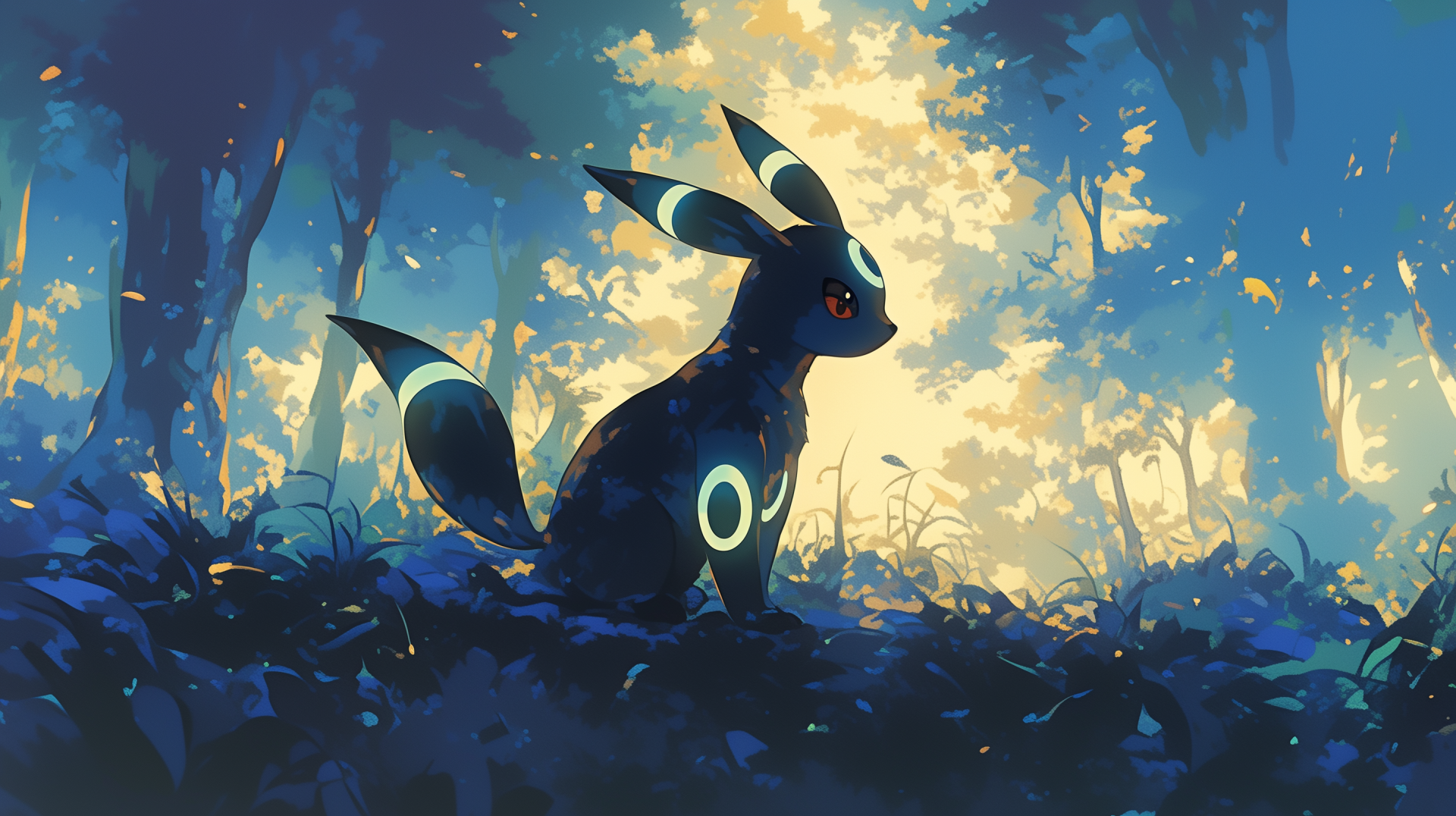 A serene HD desktop wallpaper featuring Umbreon, the Dark-type Pokémon, poised in a tranquil forest setting with glowing rings and vivid colors.