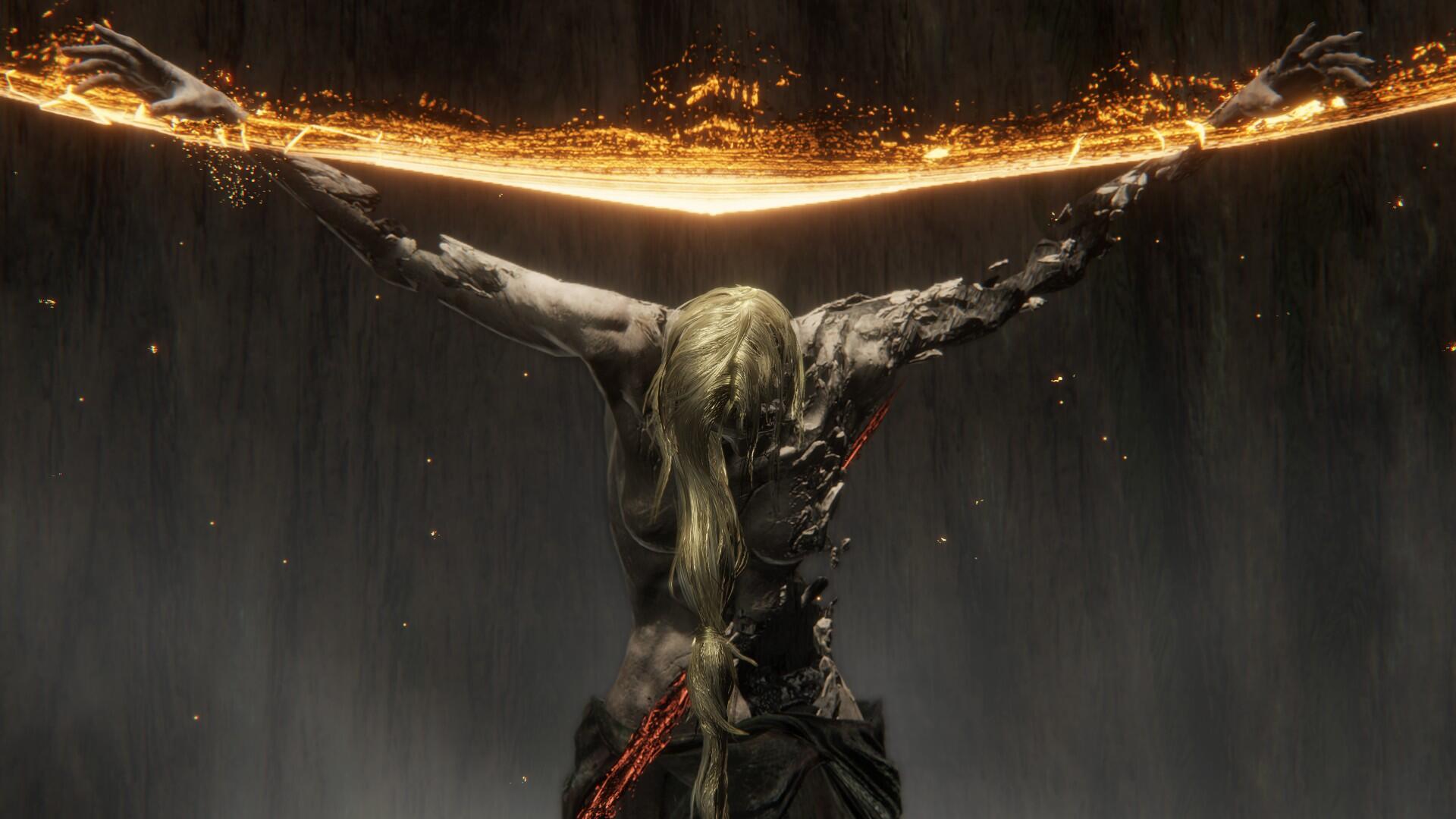 A dramatic HD wallpaper featuring Queen Marika the Eternal from the video game Elden Ring, showcased with an ethereal golden glow emanating from her raised arms.