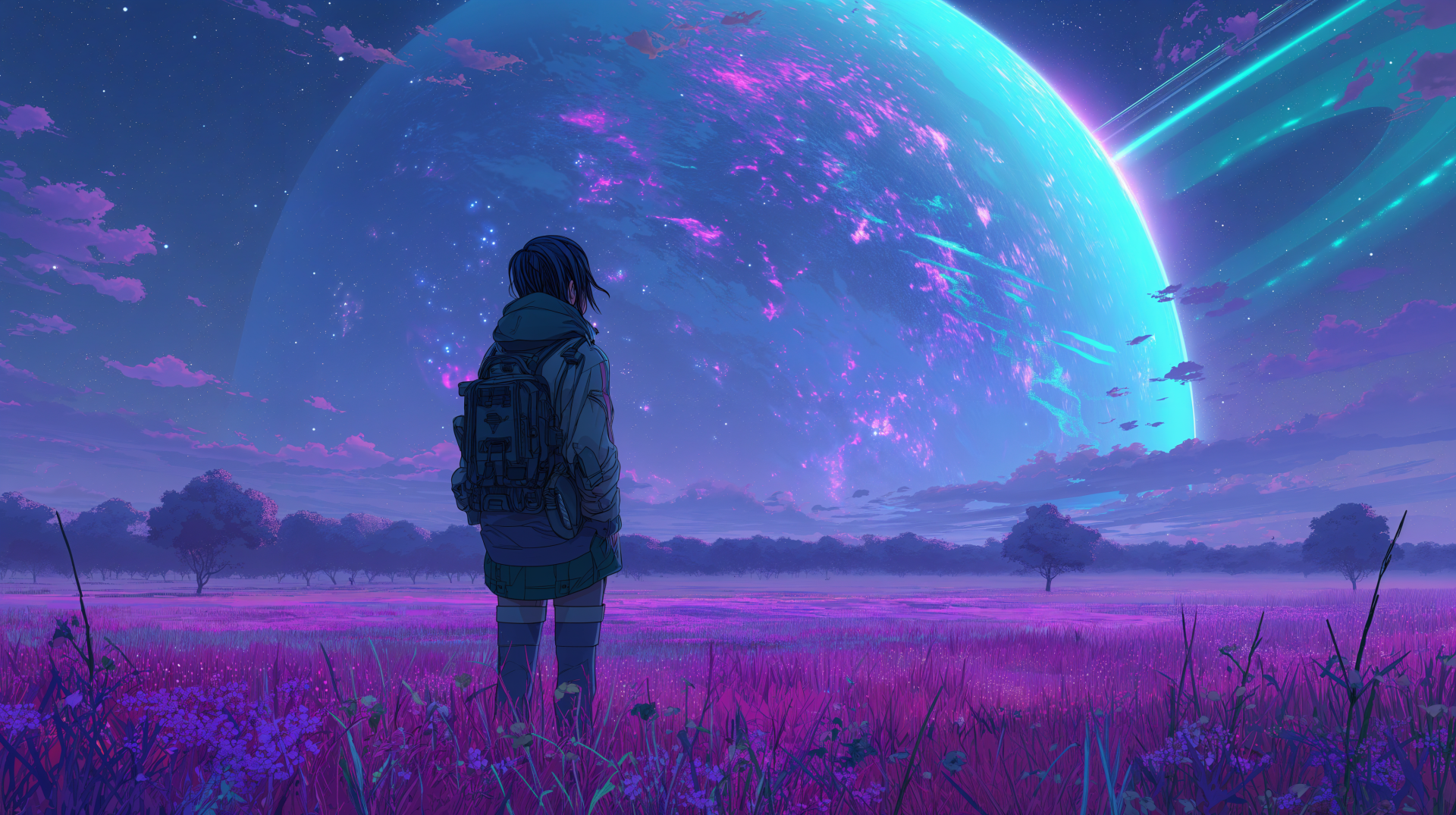 Aesthetic anime scene featuring a figure standing in a vibrant pink field, gazing at a stunning celestial backdrop with a large planet and colorful sky. 4K Ultra HD wallpaper.