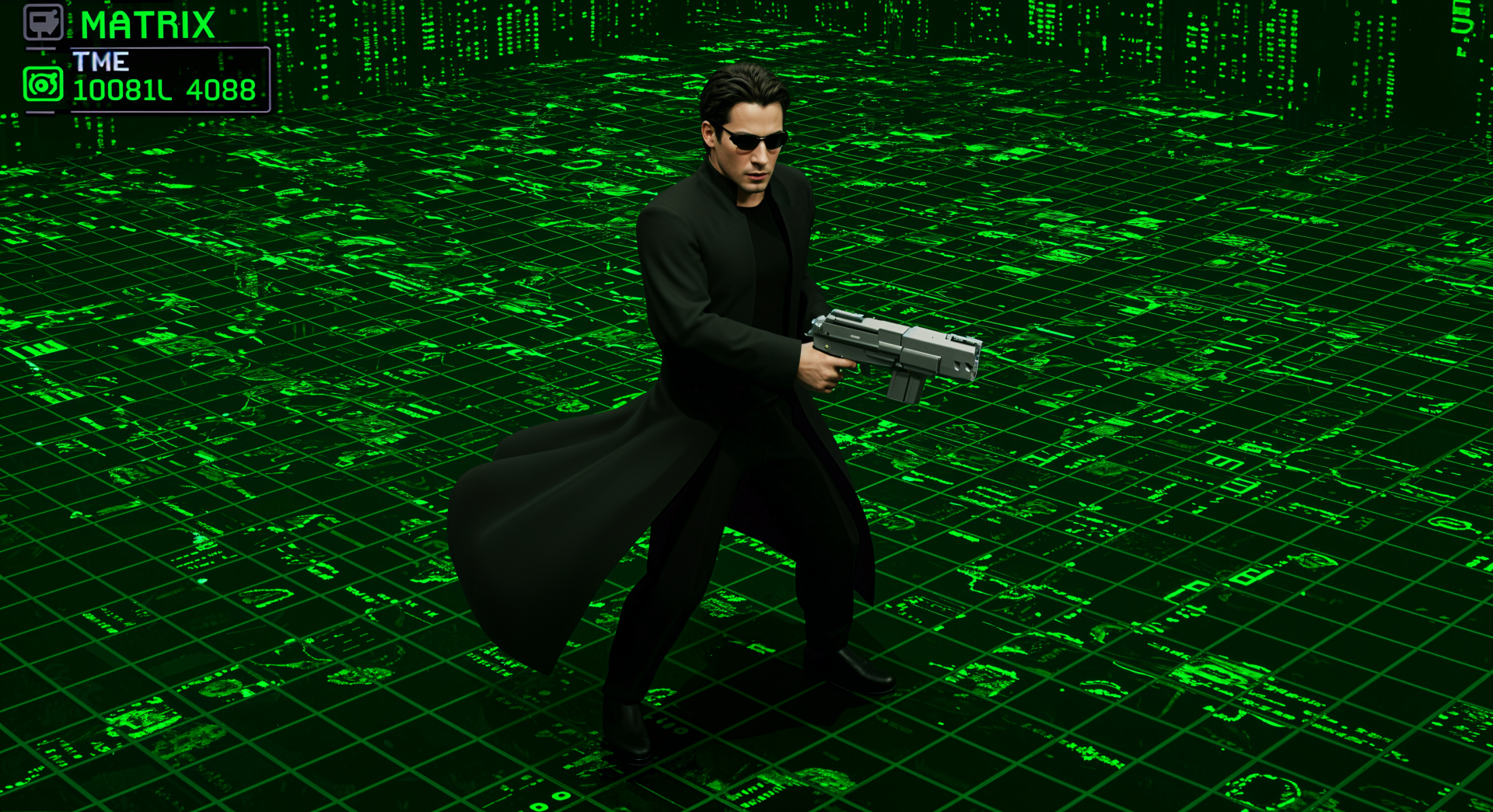 Neo from The Matrix stands ready with a gun in a digital landscape, featuring a striking green matrix code in the background. 4K Ultra HD wallpaper for PC desktops.
