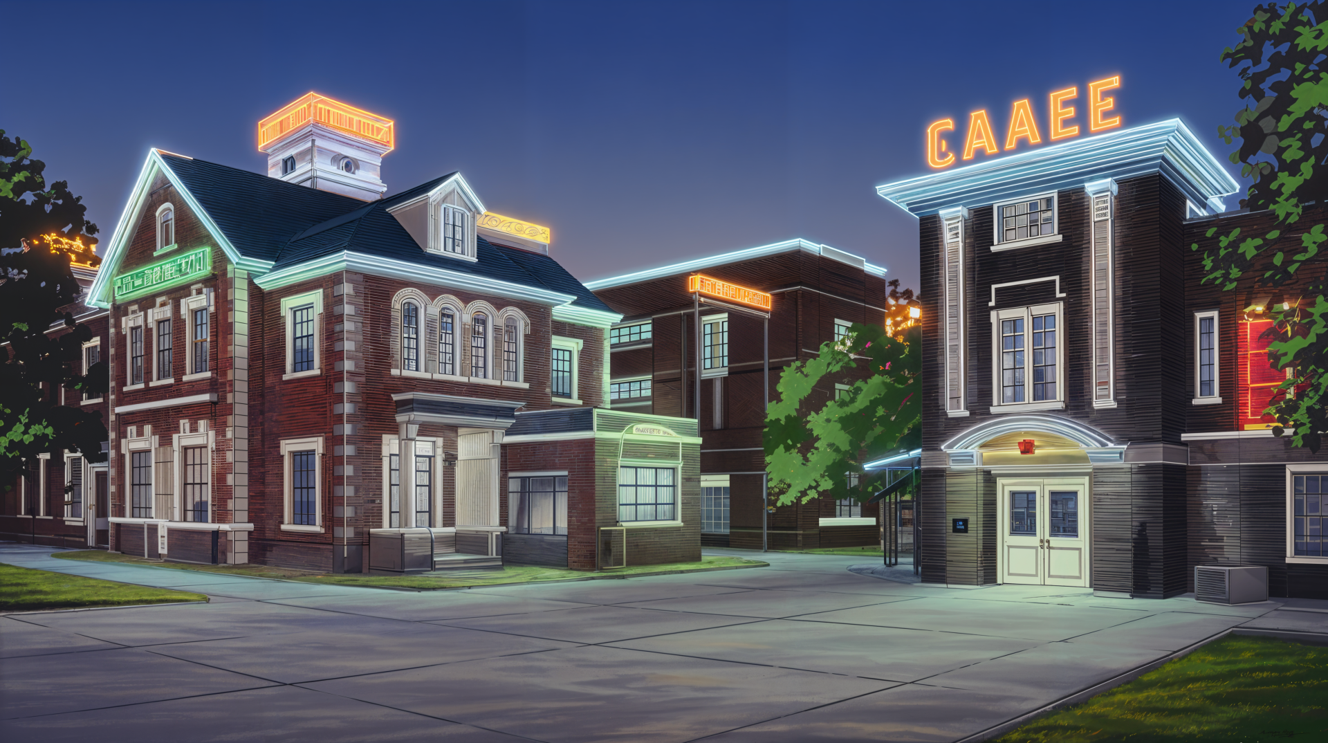 A vibrant 4K Ultra HD wallpaper featuring a college campus with historic buildings illuminated in evening light, showcasing architectural details and a welcoming atmosphere.