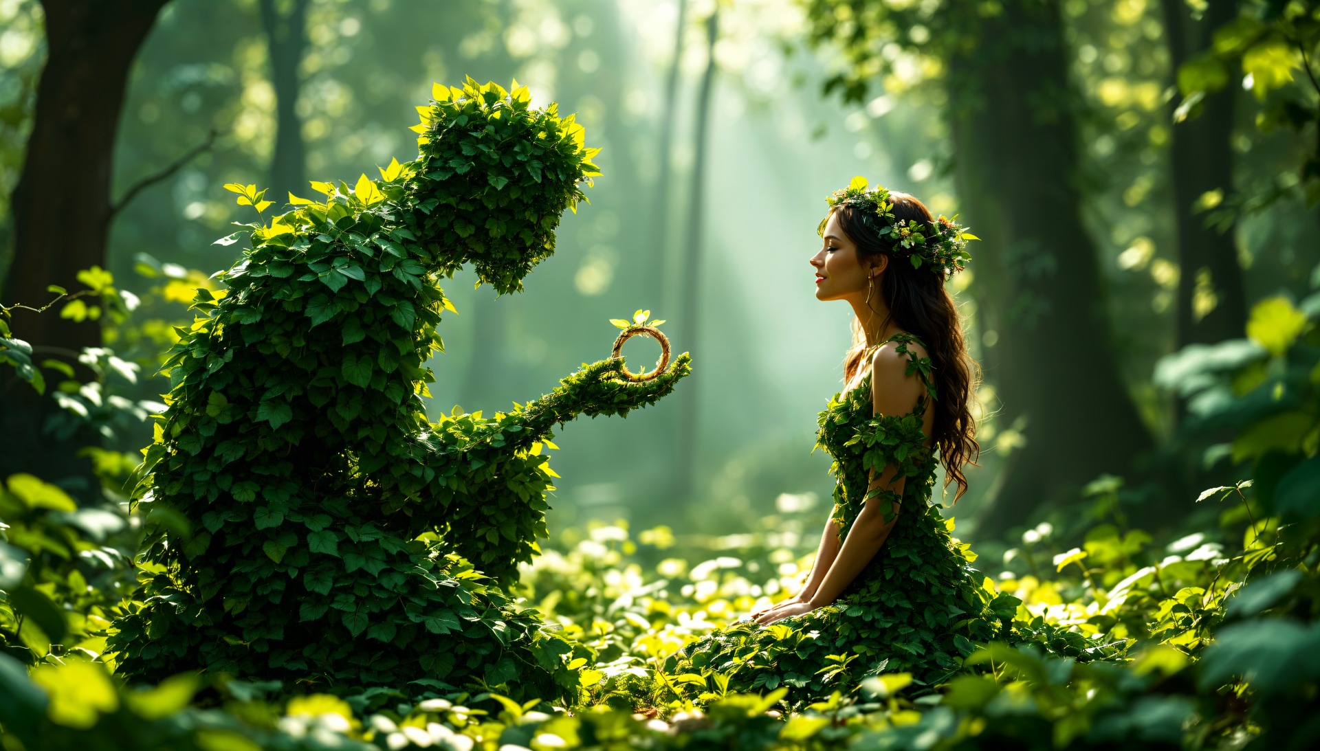 A lush green figure presents a ring to a woman in a floral dress, surrounded by a serene forest atmosphere, creating a captivating scene of a proposal. Ideal 4K Ultra HD desktop wallpaper.