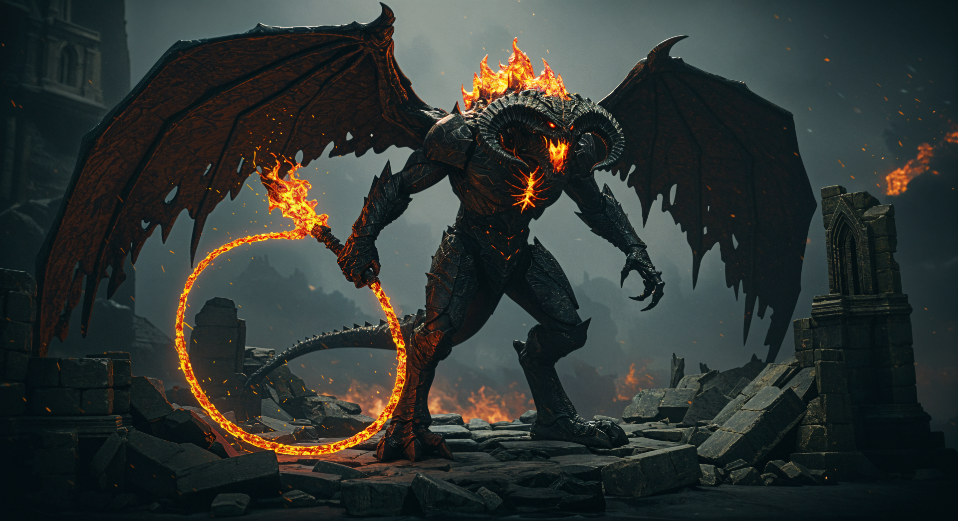 A dramatic 4K Ultra HD wallpaper featuring Balrog from Lord of the Rings, showcasing its menacing figure, fiery details, and dark, atmospheric background.
