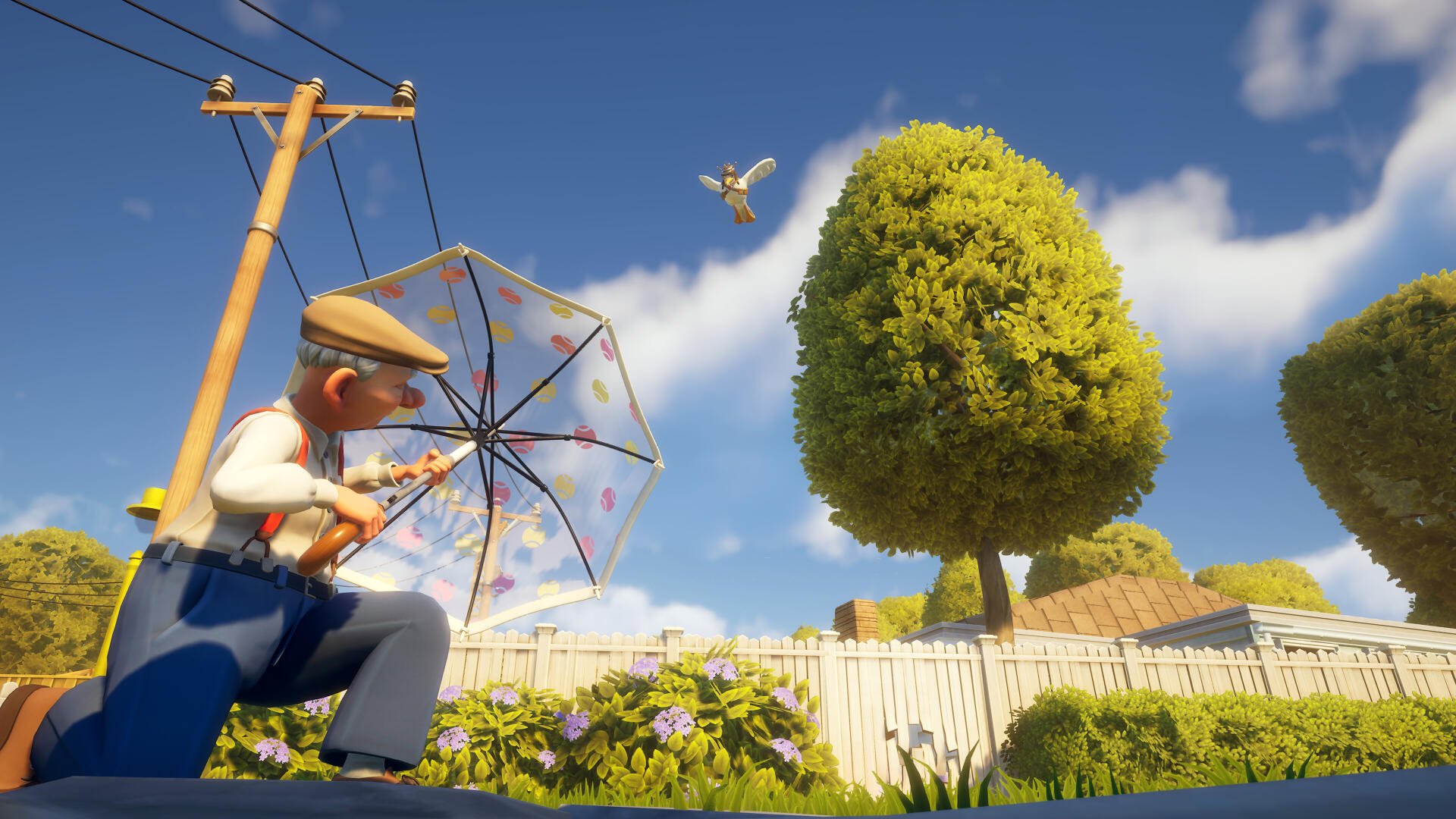 A colorful 4K Ultra HD scene from the video game Neighbors: Suburban Warfare, featuring a character with an umbrella, sitting in a vibrant garden under a clear blue sky.