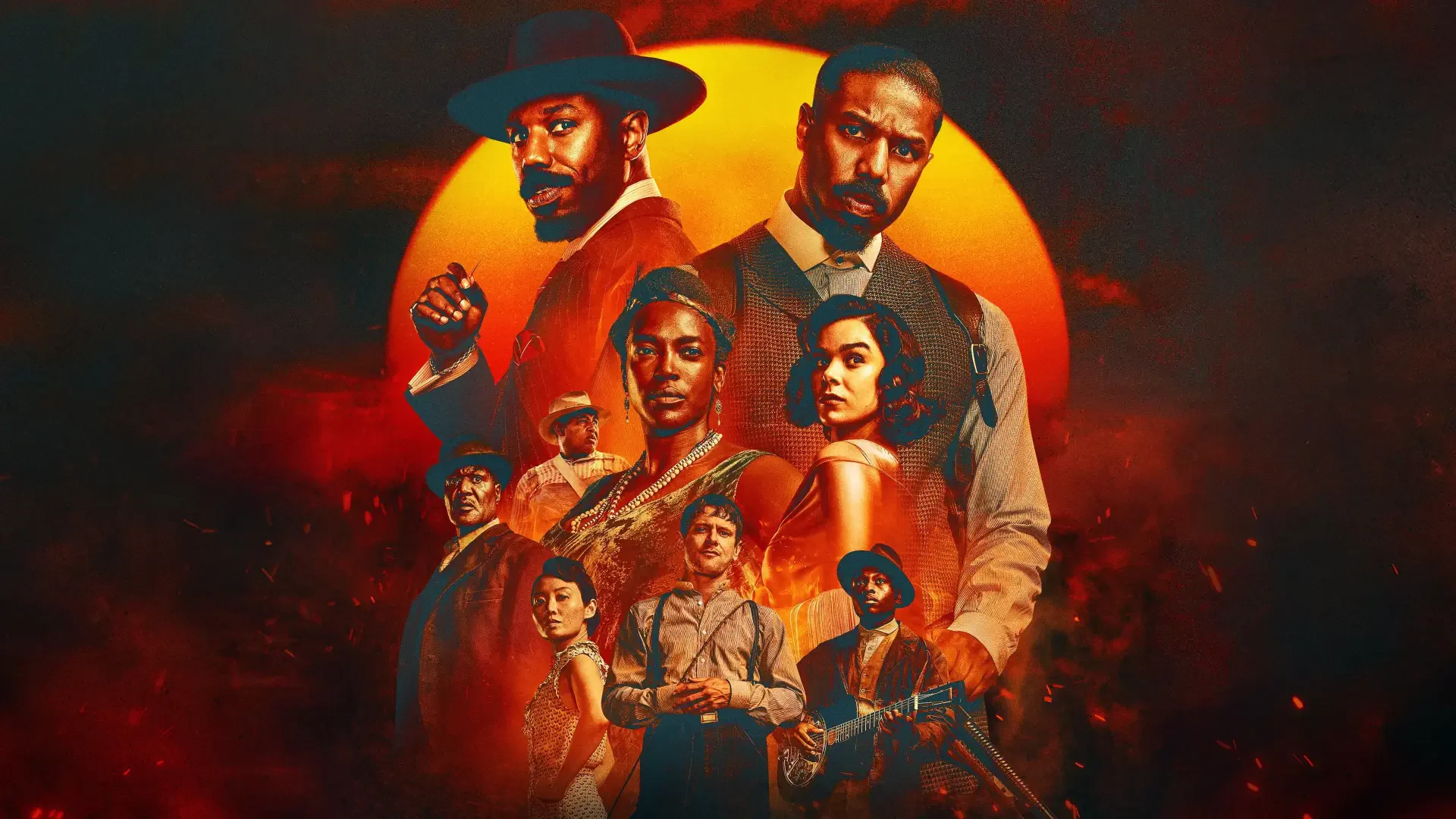 4K Ultra HD PC desktop wallpaper featuring characters from Sinners against a fiery red and orange backdrop, highlighting intense and dramatic expressions.