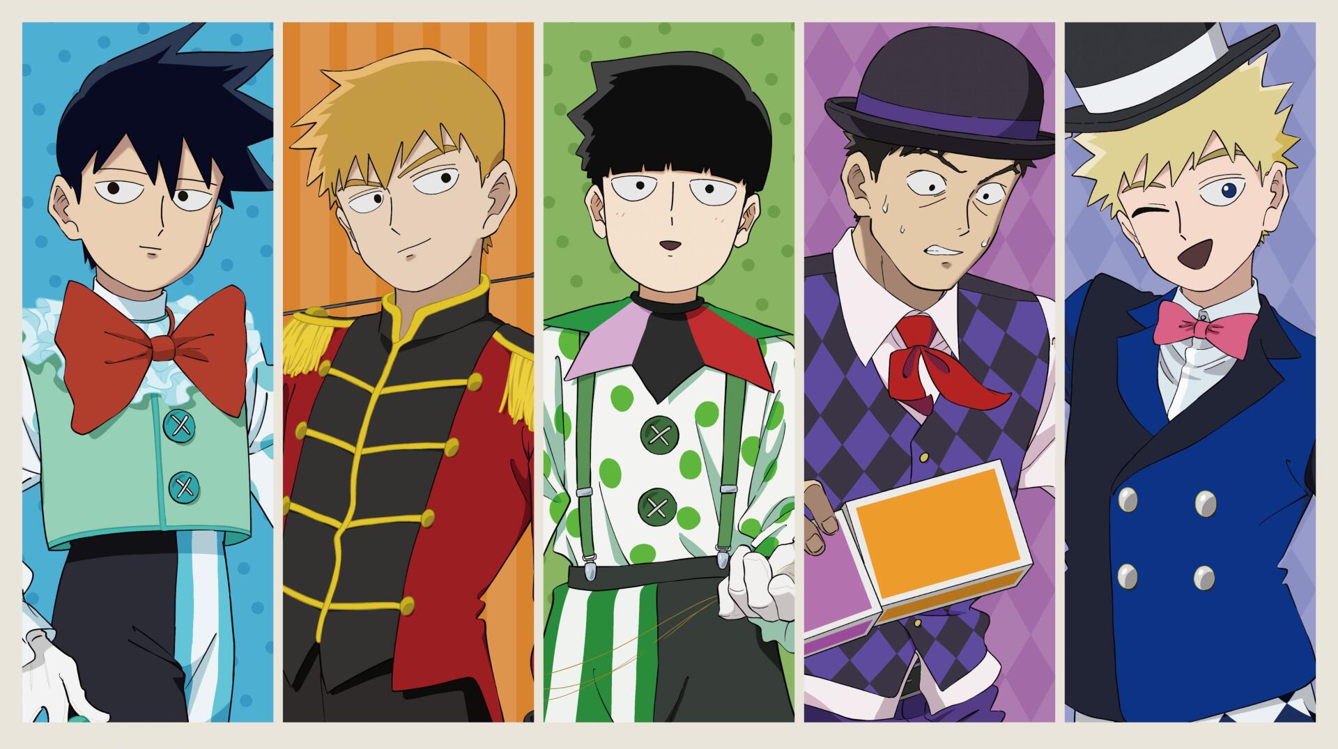 Anime Mob Psycho 100 4K Ultra HD PC desktop wallpaper and background showing five characters in colorful vertical panels, center protagonist in green polka-dot outfit.