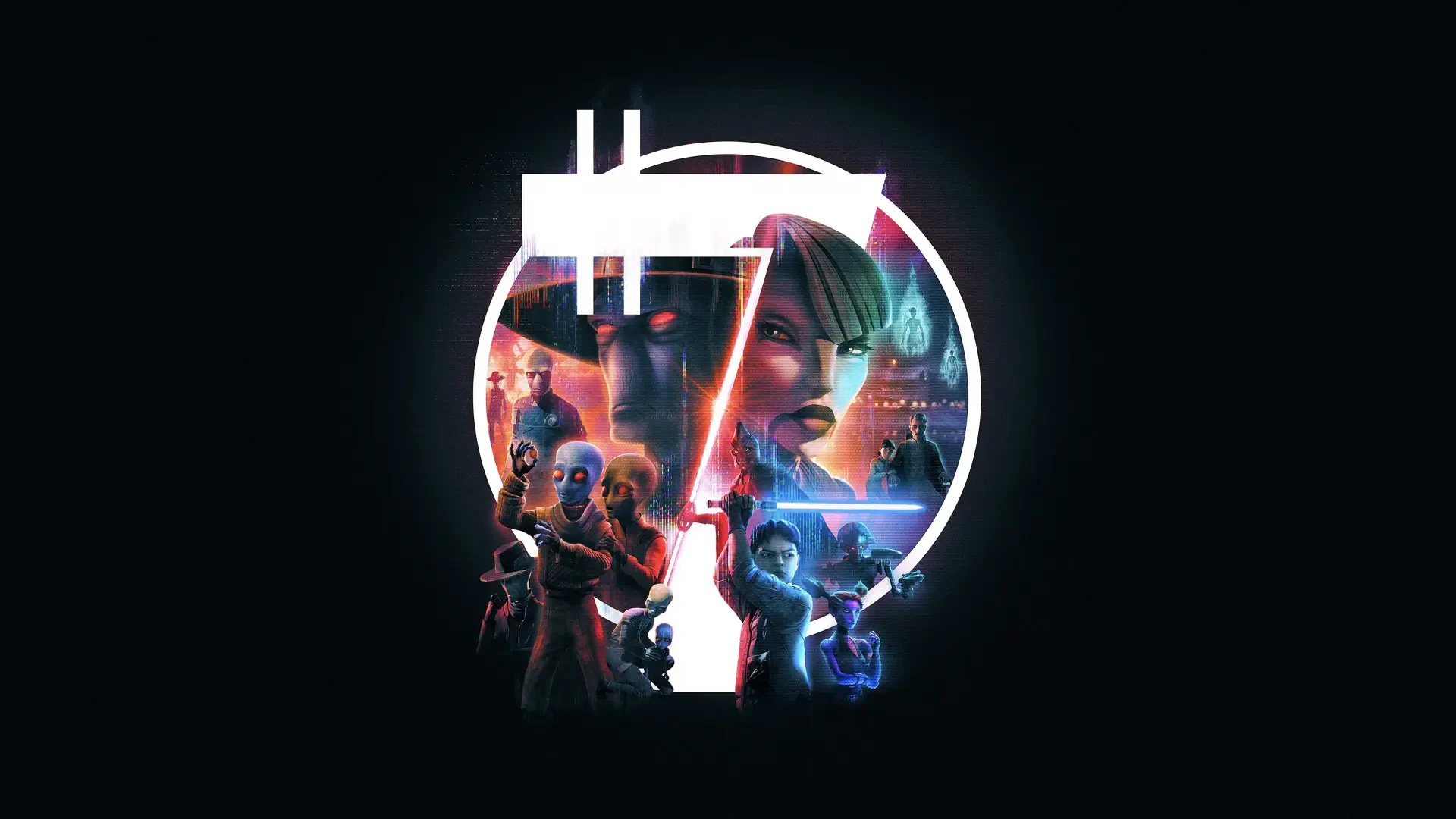 Star Wars: Tales from Galaxy's Edge, Star Wars — 4K Ultra HD PC desktop wallpaper showing a circular emblem collage with a lightsaber duel, alien characters and neon cityscape on black background.