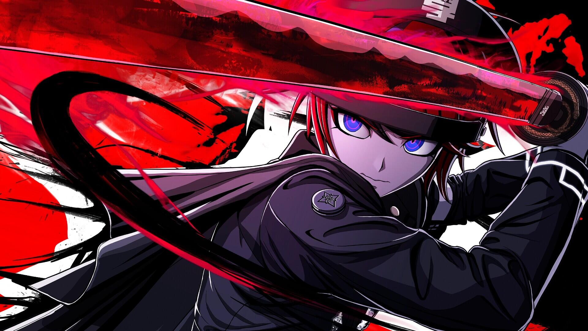 HD PC desktop wallpaper featuring a red-themed anime boy from the video game The Hundred Line - Last Defense Academy, showcasing intense eyes and dynamic motion.