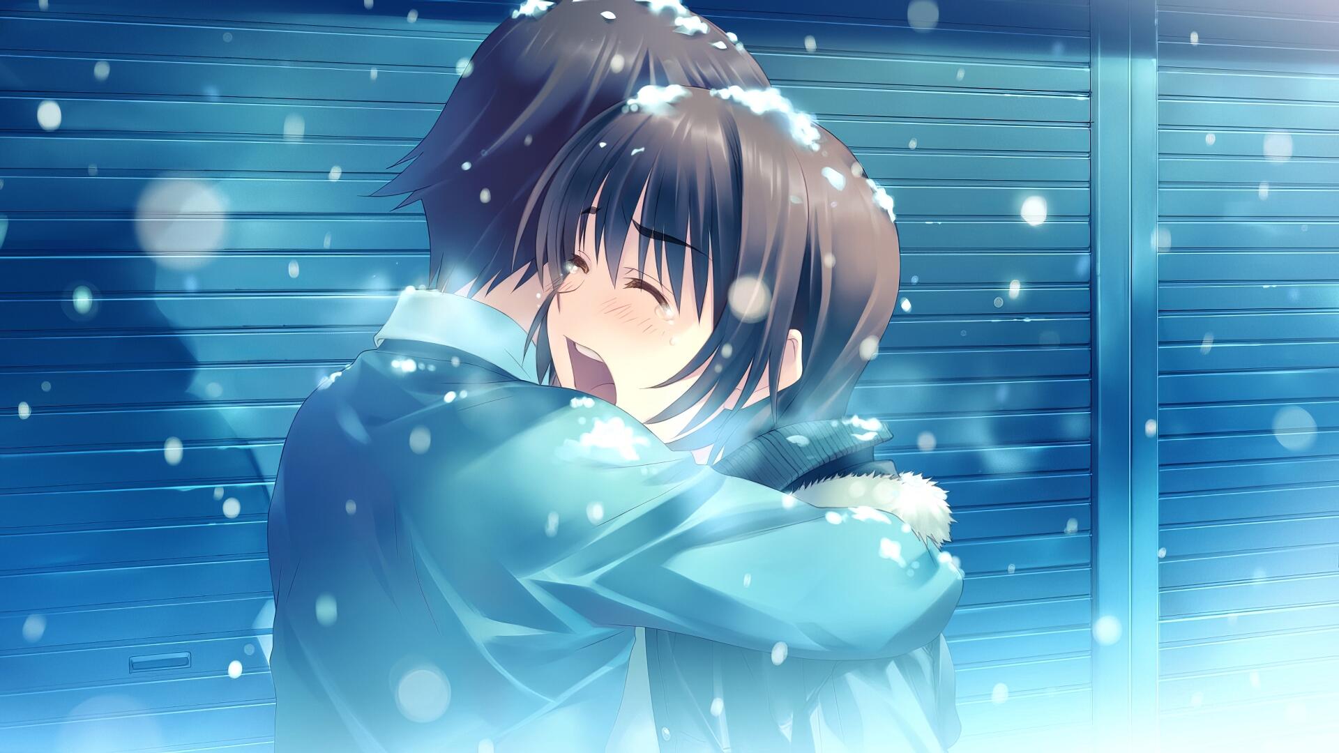 Anime-style HD desktop wallpaper from White Album 2, featuring a tender embrace between a couple in a snowy, softly lit setting.