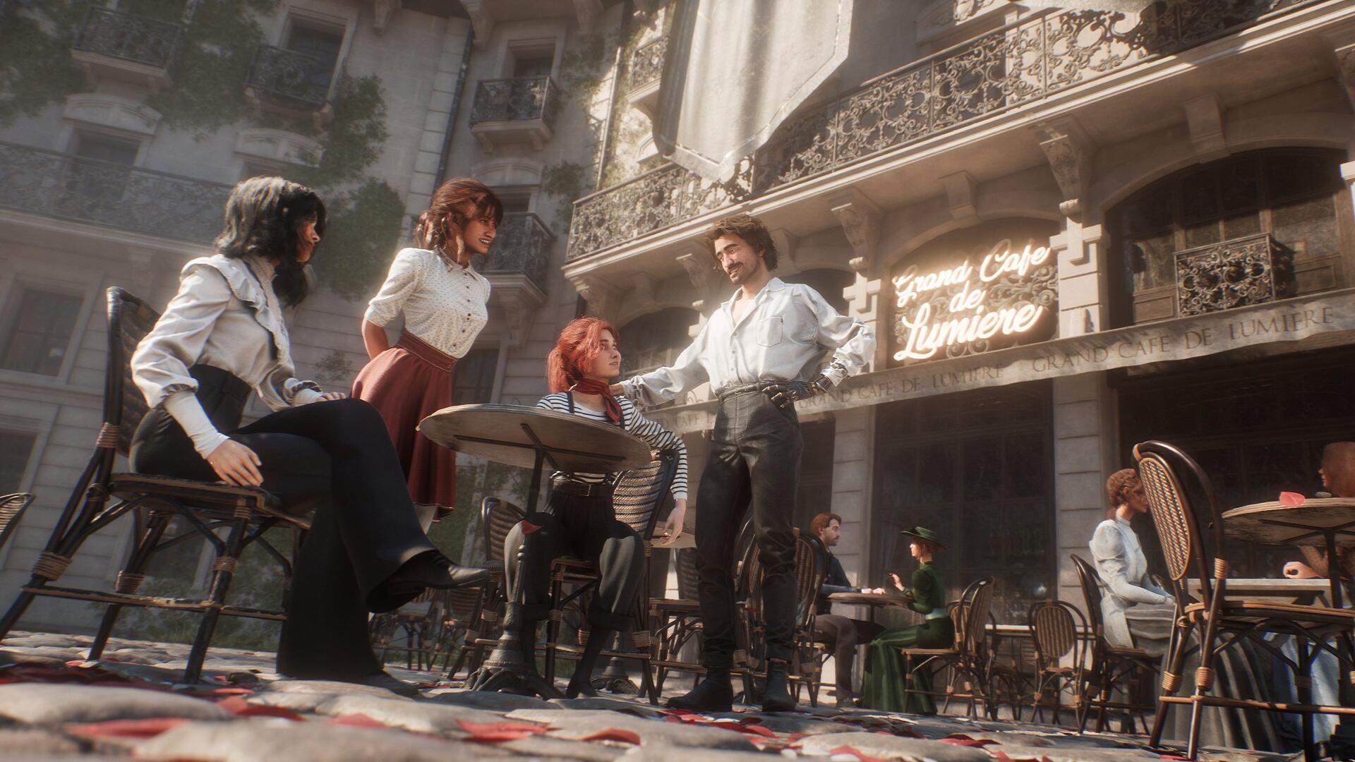 4K Ultra HD wallpaper from the video game Clair Obscur: Expedition 33, featuring characters gathered at an outdoor restaurant in a sunlit urban setting.