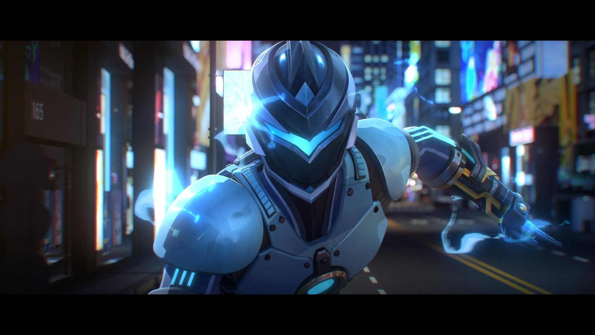 HD PC desktop wallpaper featuring a dynamic armored character from the anime To Be Hero X in a neon-lit urban night setting.