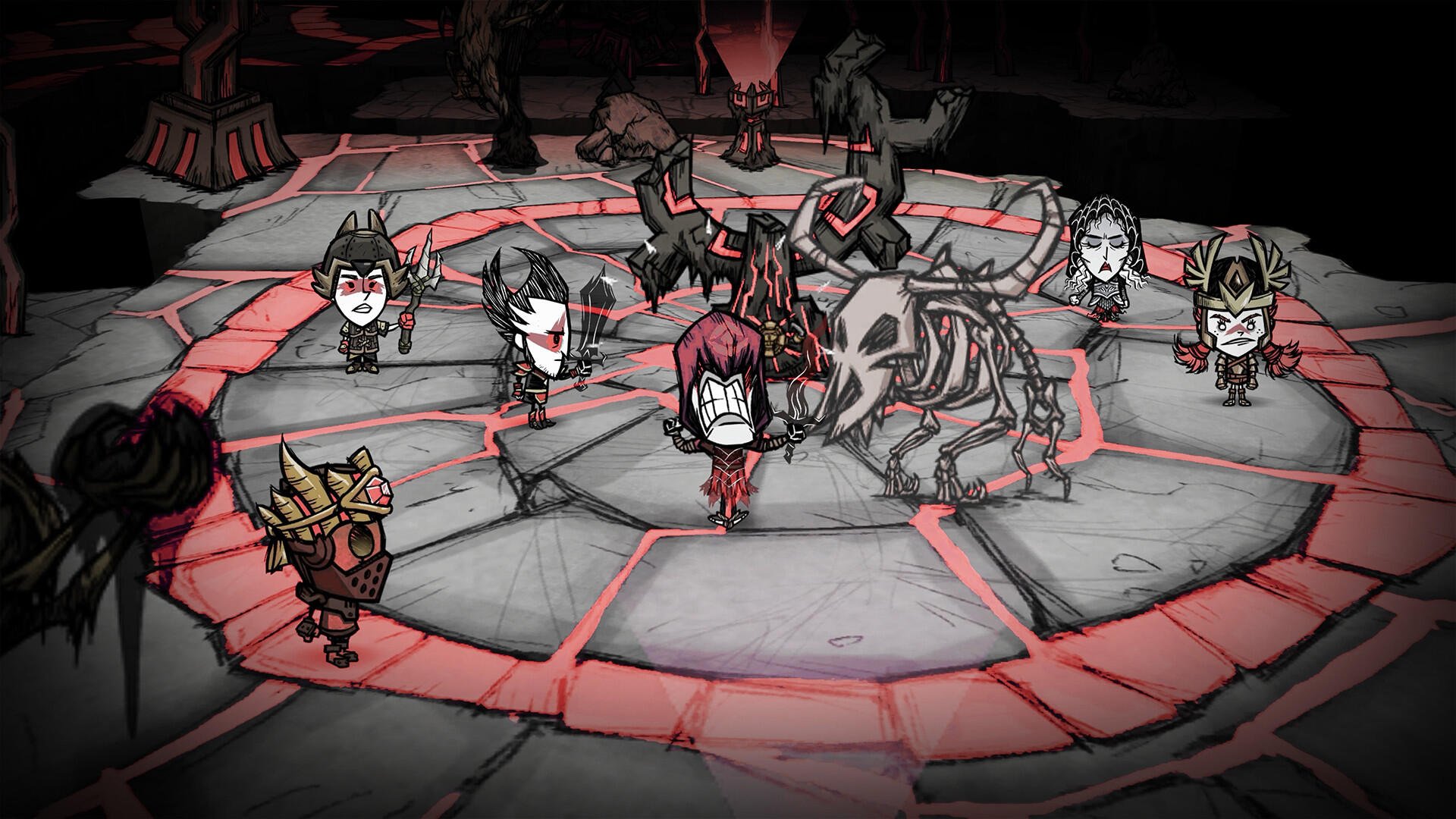 HD desktop wallpaper featuring characters and creatures from the video game Don't Starve Together in a dark, eerie setting with a glowing circular platform.