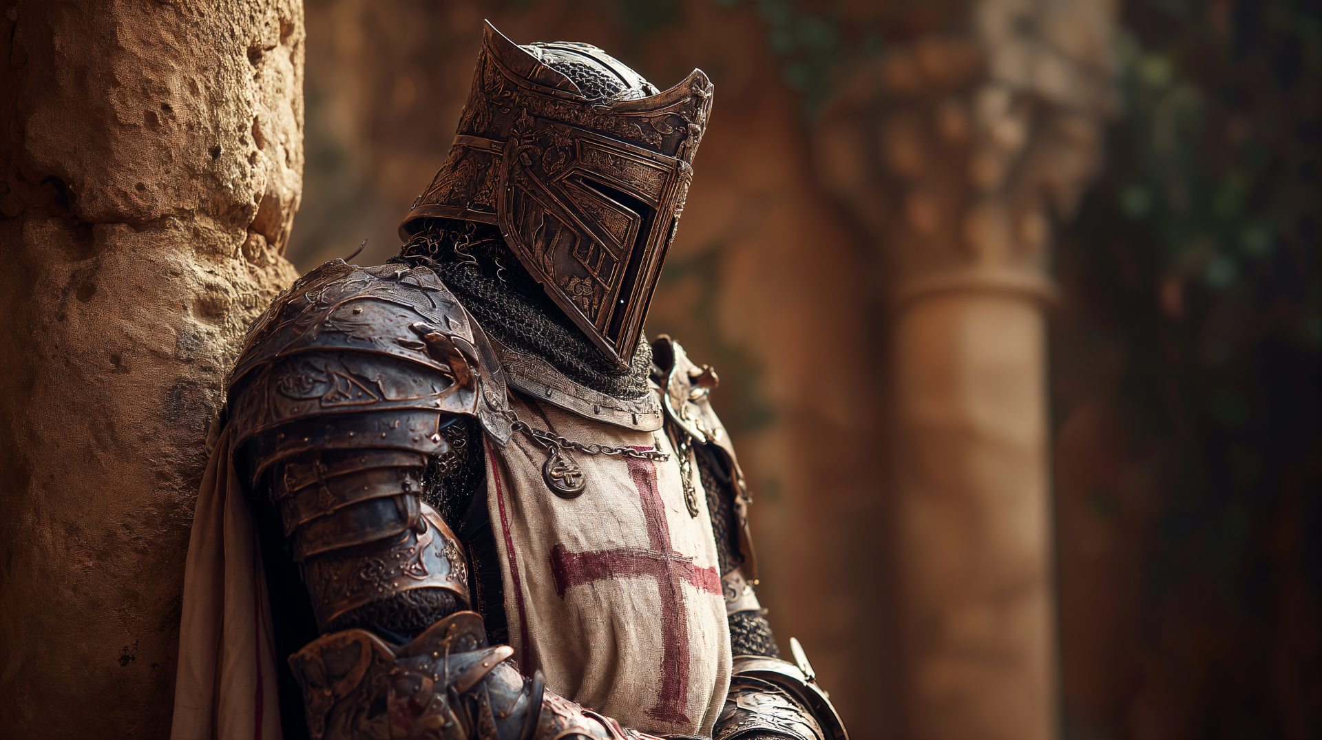 4K Ultra HD PC wallpaper featuring a detailed Knight Templar in full armor standing against ancient stone pillars in a dimly lit setting.