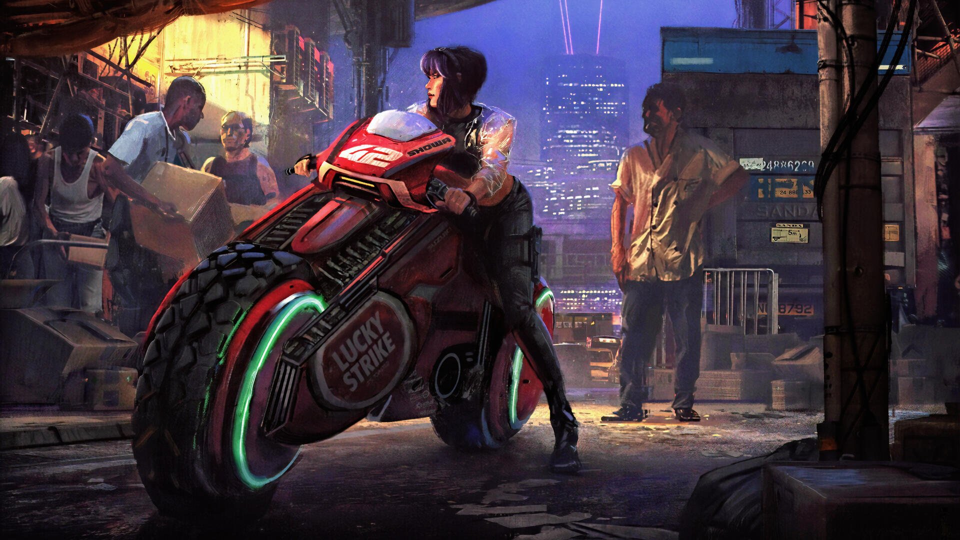 Anime-style 4K Ultra HD wallpaper featuring a futuristic motorcycle and a character inspired by Ghost in the Shell in a cyberpunk cityscape at night.