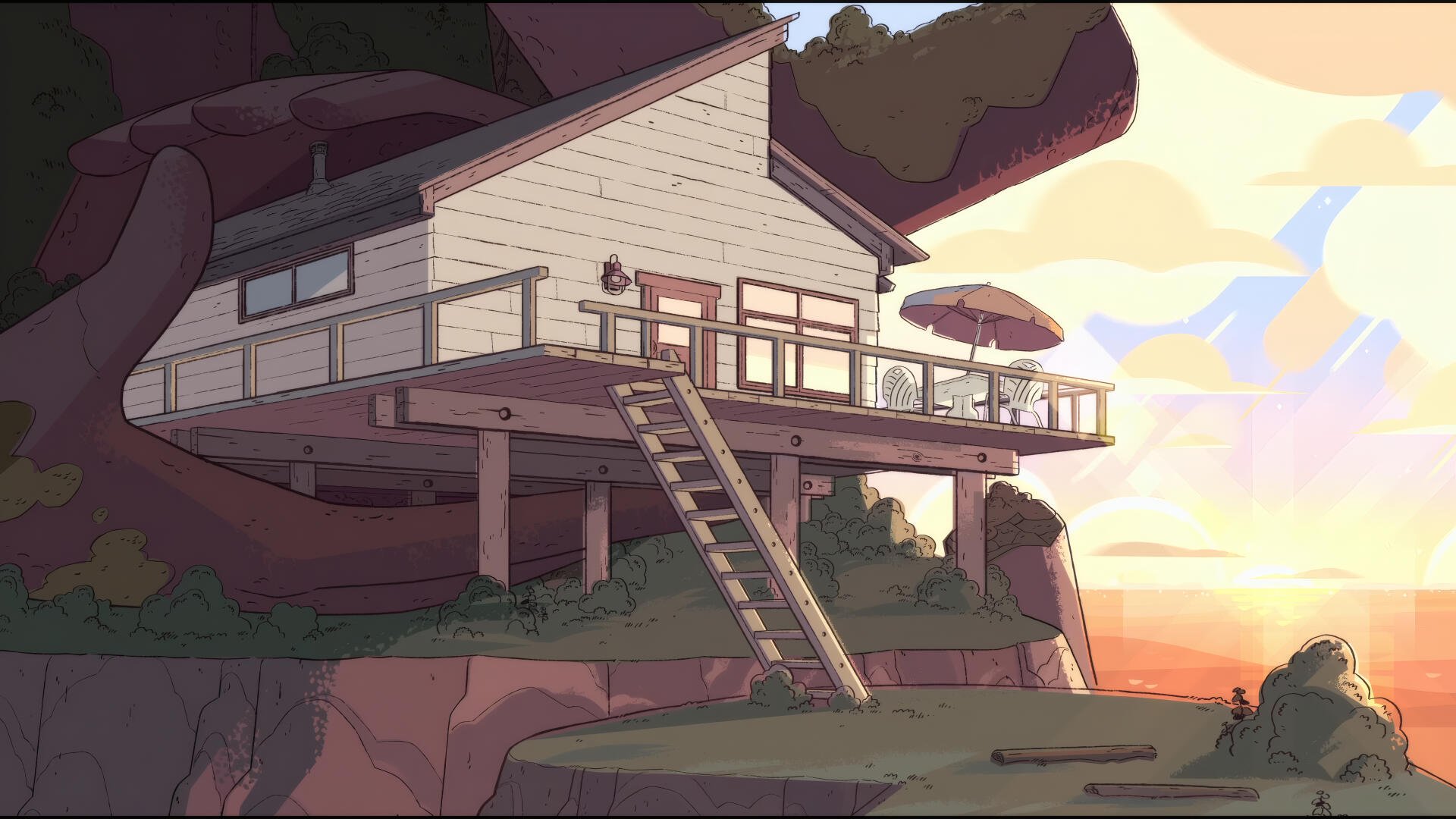 A 4K Ultra HD desktop wallpaper featuring the tree house from the TV show Steven Universe Future, set against a serene sunset backdrop.