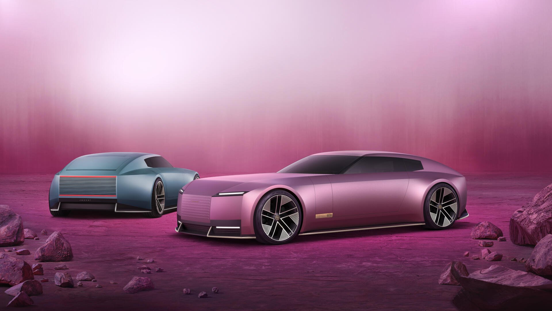 A sleek pink Jaguar Type 00 and a blue car set against a futuristic pink background, rendered in 4K Ultra HD for a PC desktop wallpaper.