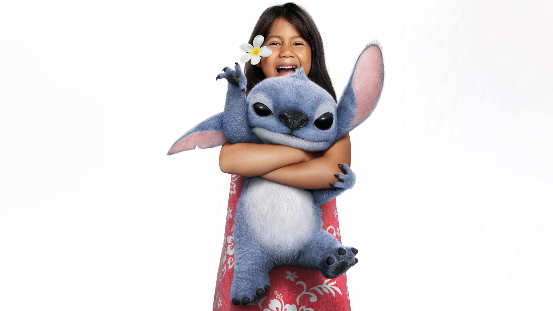 8K Ultra HD desktop wallpaper of Lilo hugging Stitch from the movie Lilo & Stitch (2025), showcasing the beloved characters in a bright, cheerful setting.