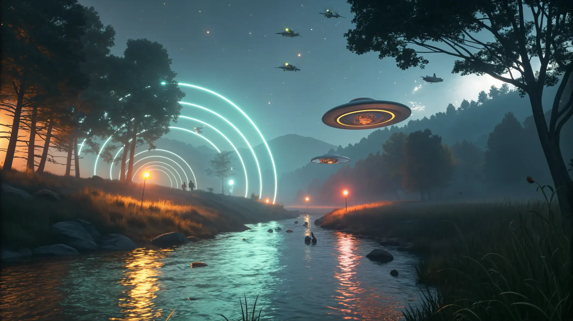 4K Ultra HD PC desktop wallpaper of a glowing stream at night with trees, illuminated circular light patterns, and hovering futuristic drones in a misty forest.