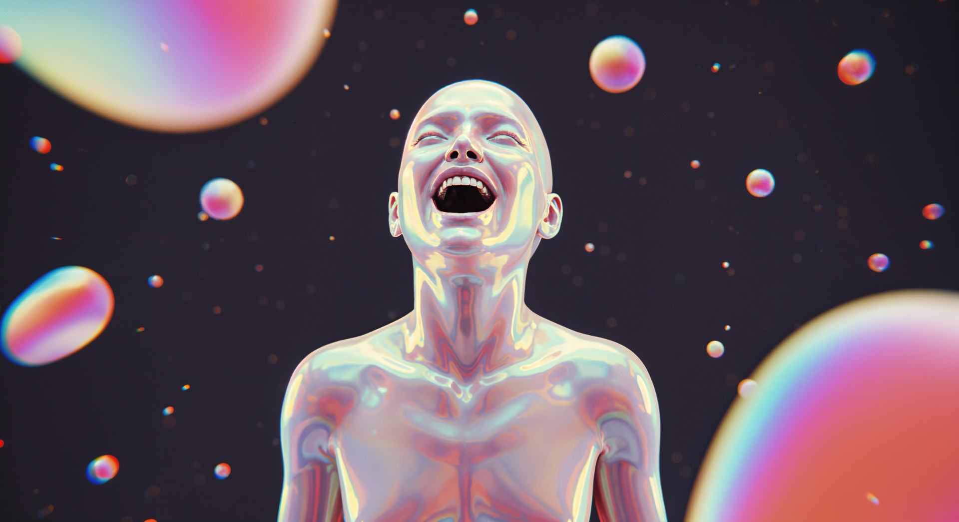 A 4K Ultra HD PC desktop wallpaper featuring a futuristic, iridescent figure laughing joyfully amidst floating, glowing bubbles on a dark background.