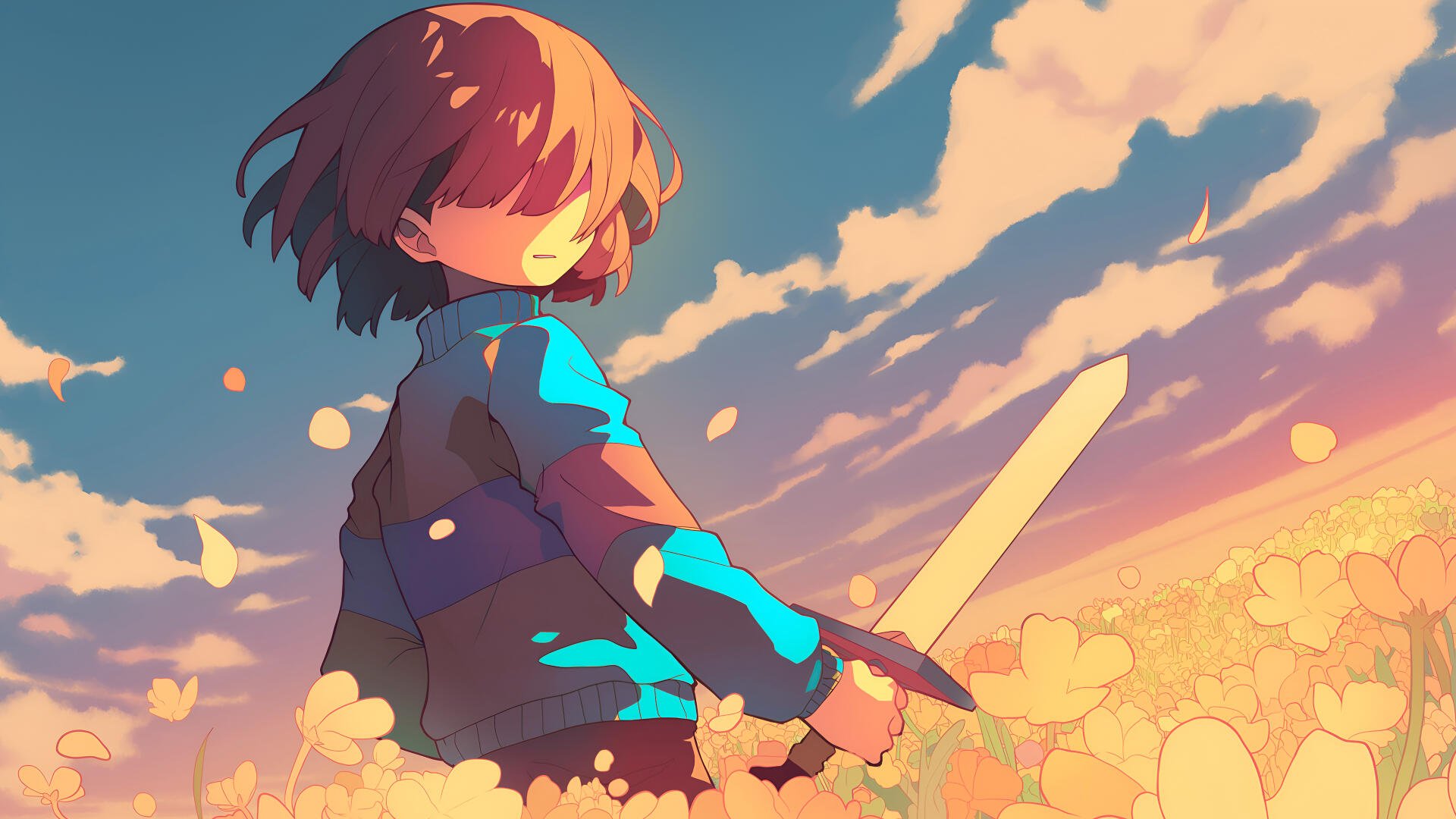 4K Ultra HD desktop wallpaper featuring Frisk from the video game Undertale, holding a sword against a vibrant sunset sky with scattered flower petals.