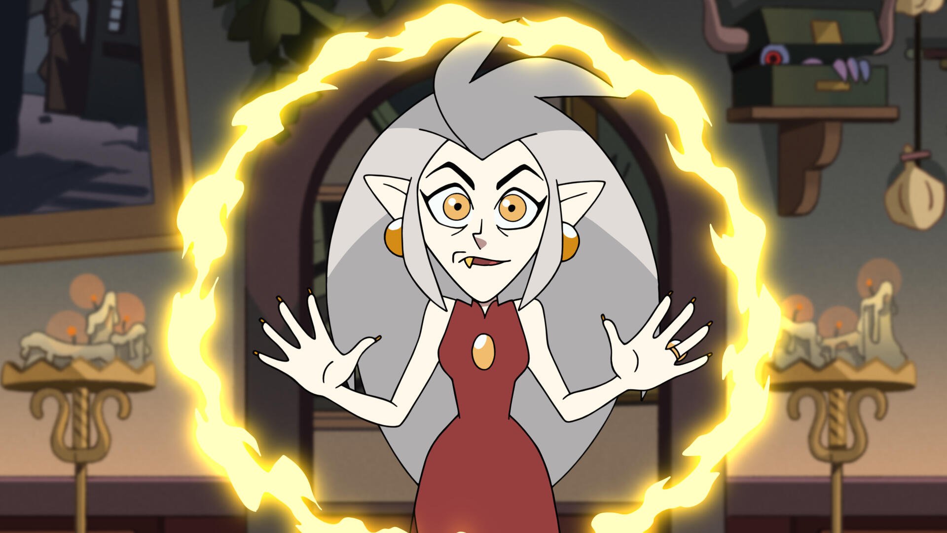 HD desktop wallpaper featuring Eda Clawthorne from the cartoon TV show The Owl House, surrounded by a glowing magical ring.