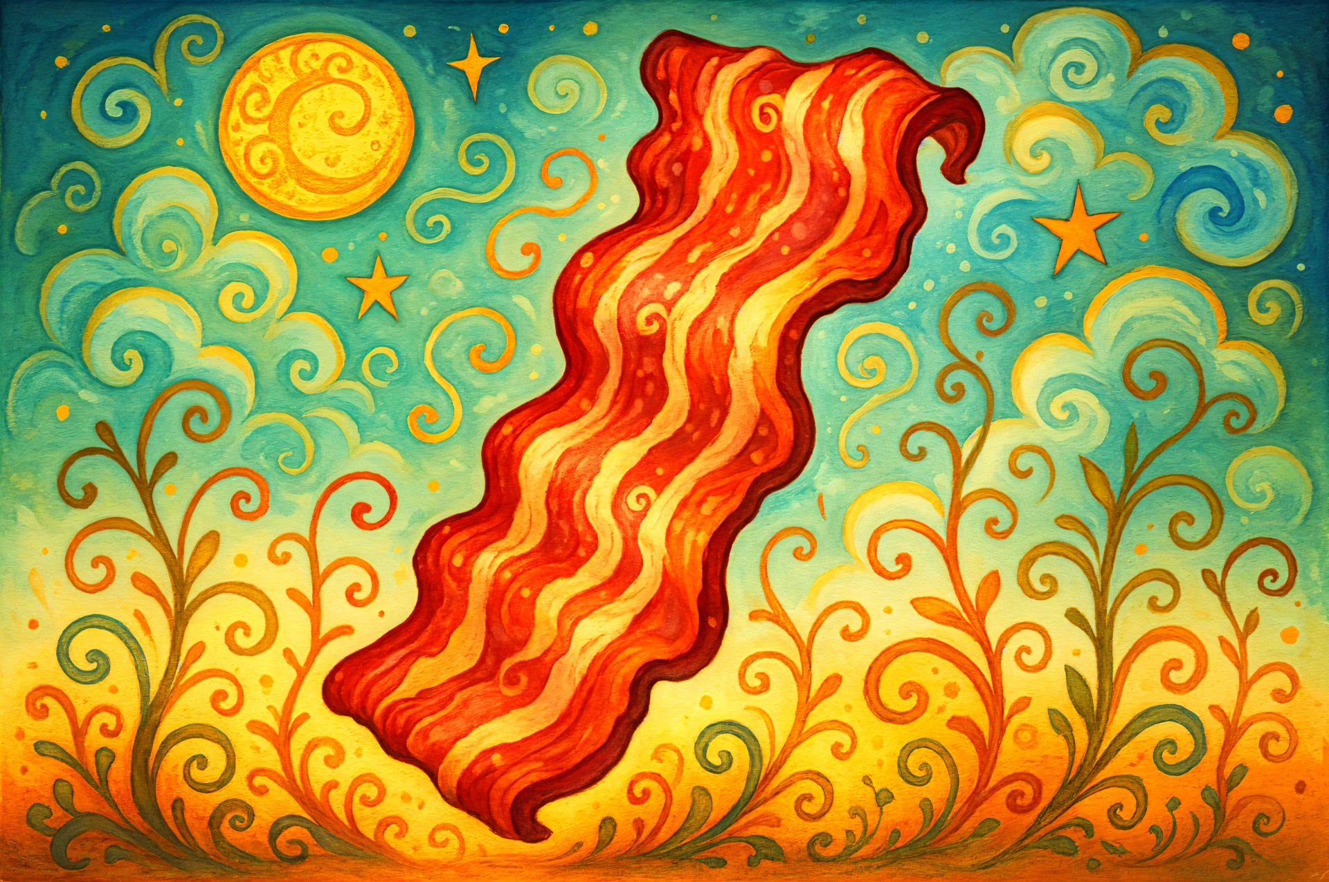 Vibrant 4K Ultra HD desktop wallpaper featuring a whimsical, swirling background with a large strip of bacon at the center, surrounded by stars and a glowing sun.