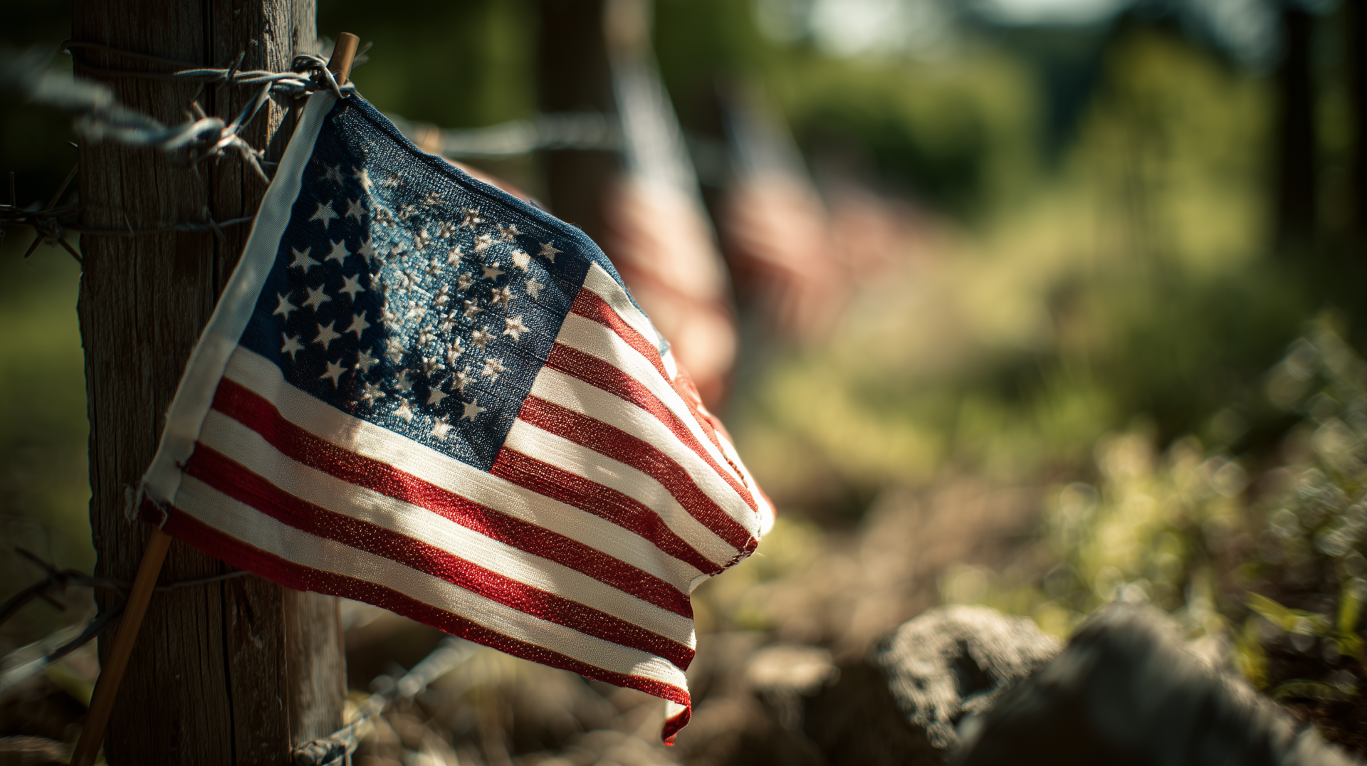 HD PC desktop wallpaper featuring an American flag hanging outdoors, symbolizing Memorial Day and honoring the holiday.
