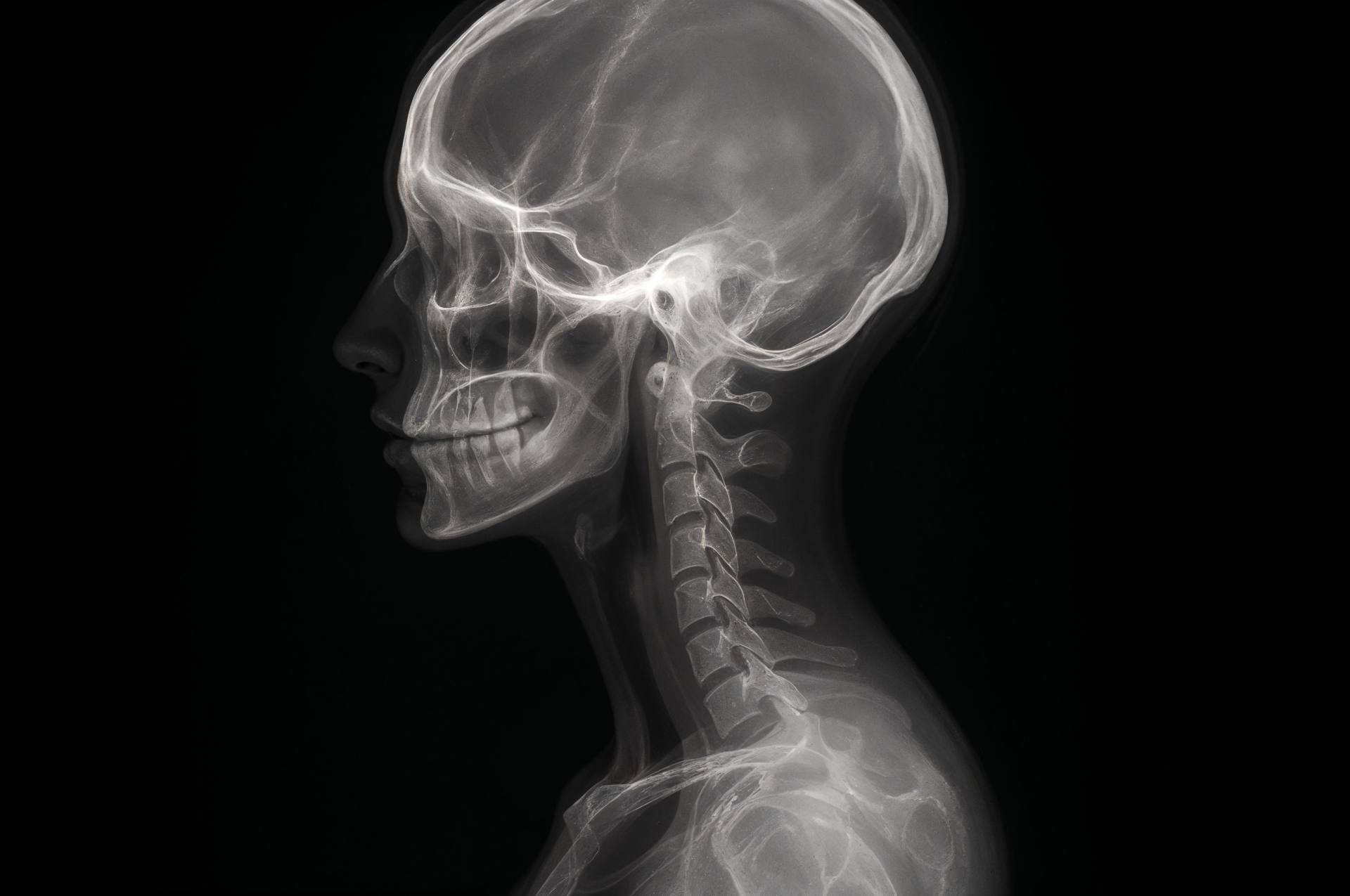 X-ray image of a human skull and cervical spine in profile, rendered as a 4K Ultra HD PC desktop wallpaper and background with detailed bone structure visibility.