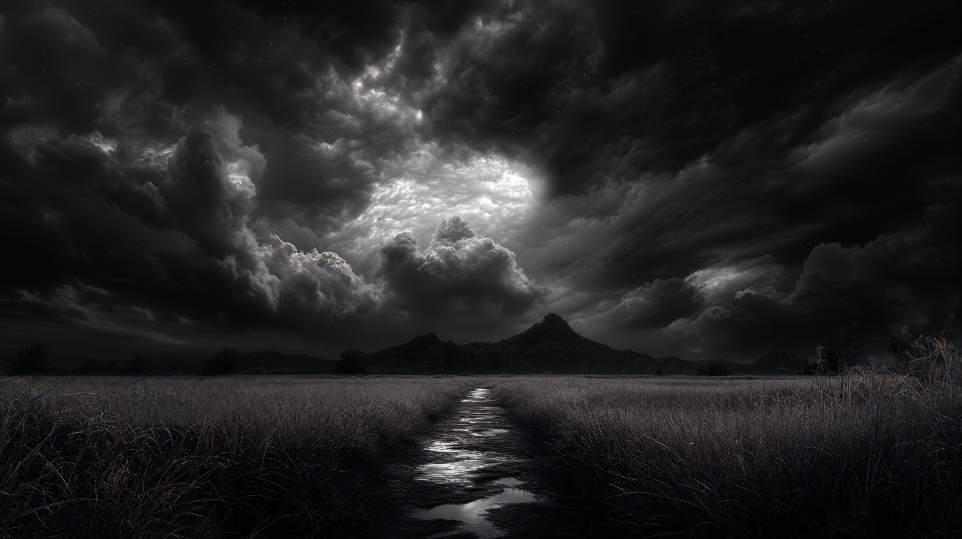 4K Ultra HD PC desktop wallpaper featuring a dark, dramatic sky with dense, swirling clouds over a reflective water path leading to distant mountains.
