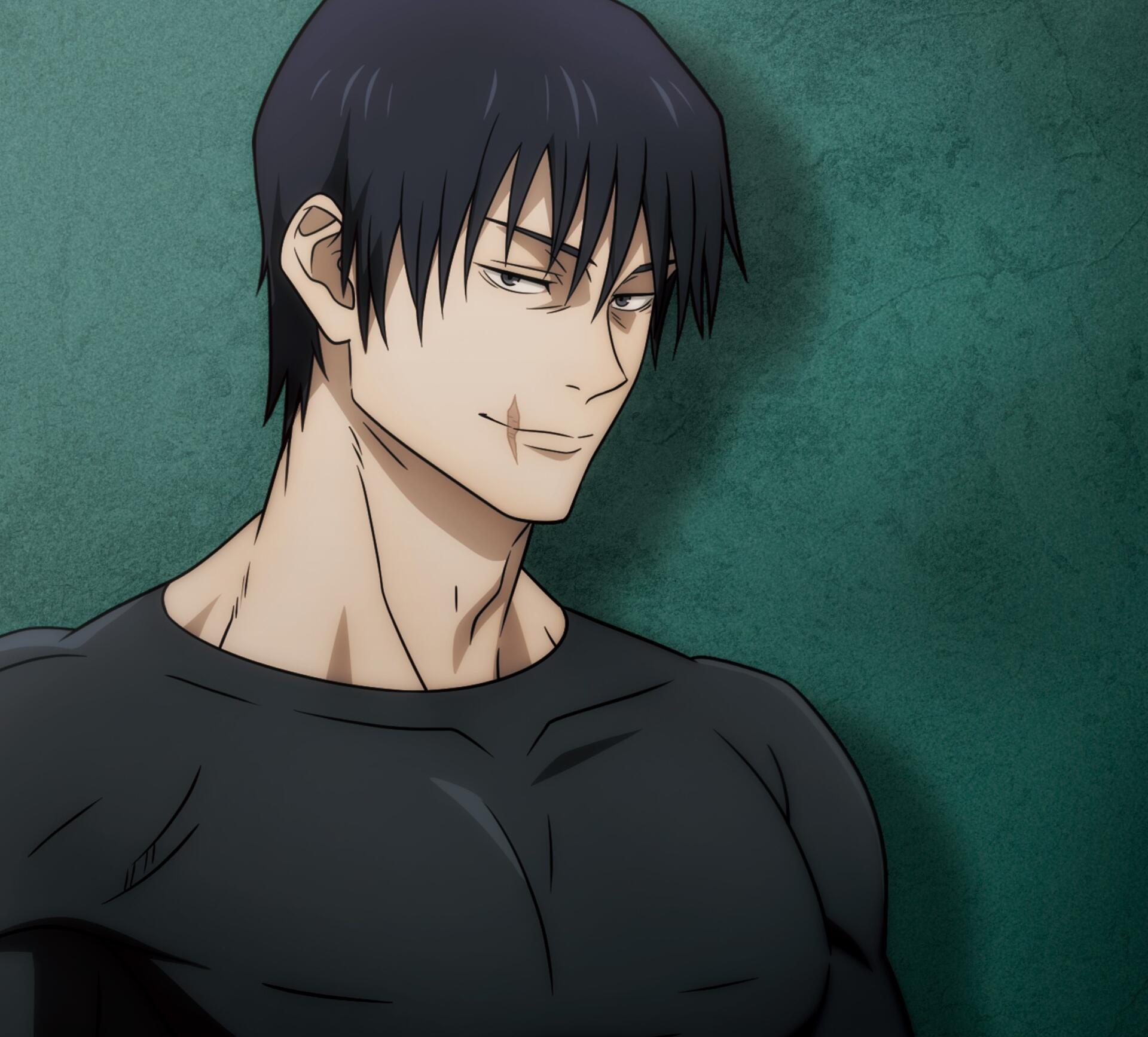 2K Quad HD PC desktop wallpaper: Anime Jujutsu Kaisen's Toji Fushiguro smirking in a dark shirt against a textured teal background.