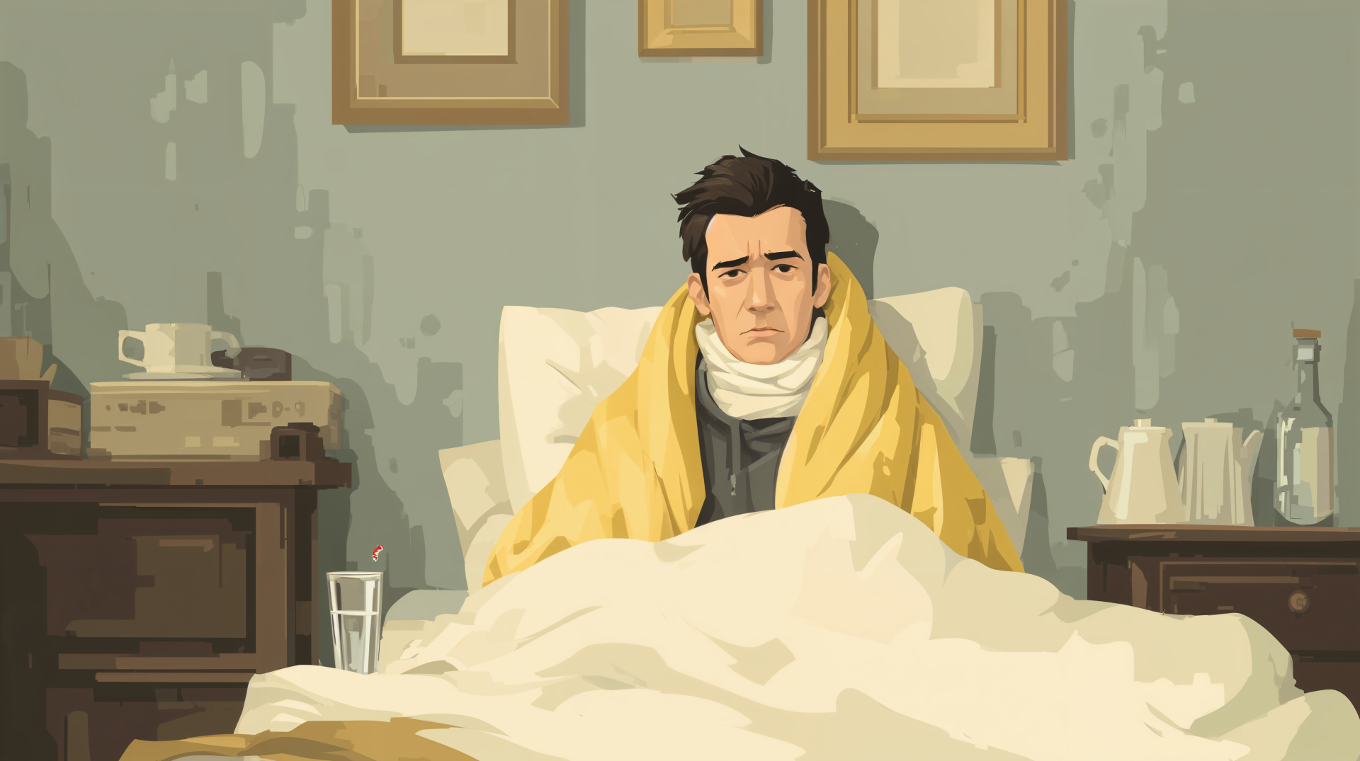 4K Ultra HD wallpaper depicting a sick man wrapped in a yellow blanket, sitting up in bed with a somber expression, surrounded by bedside furniture and medical items.