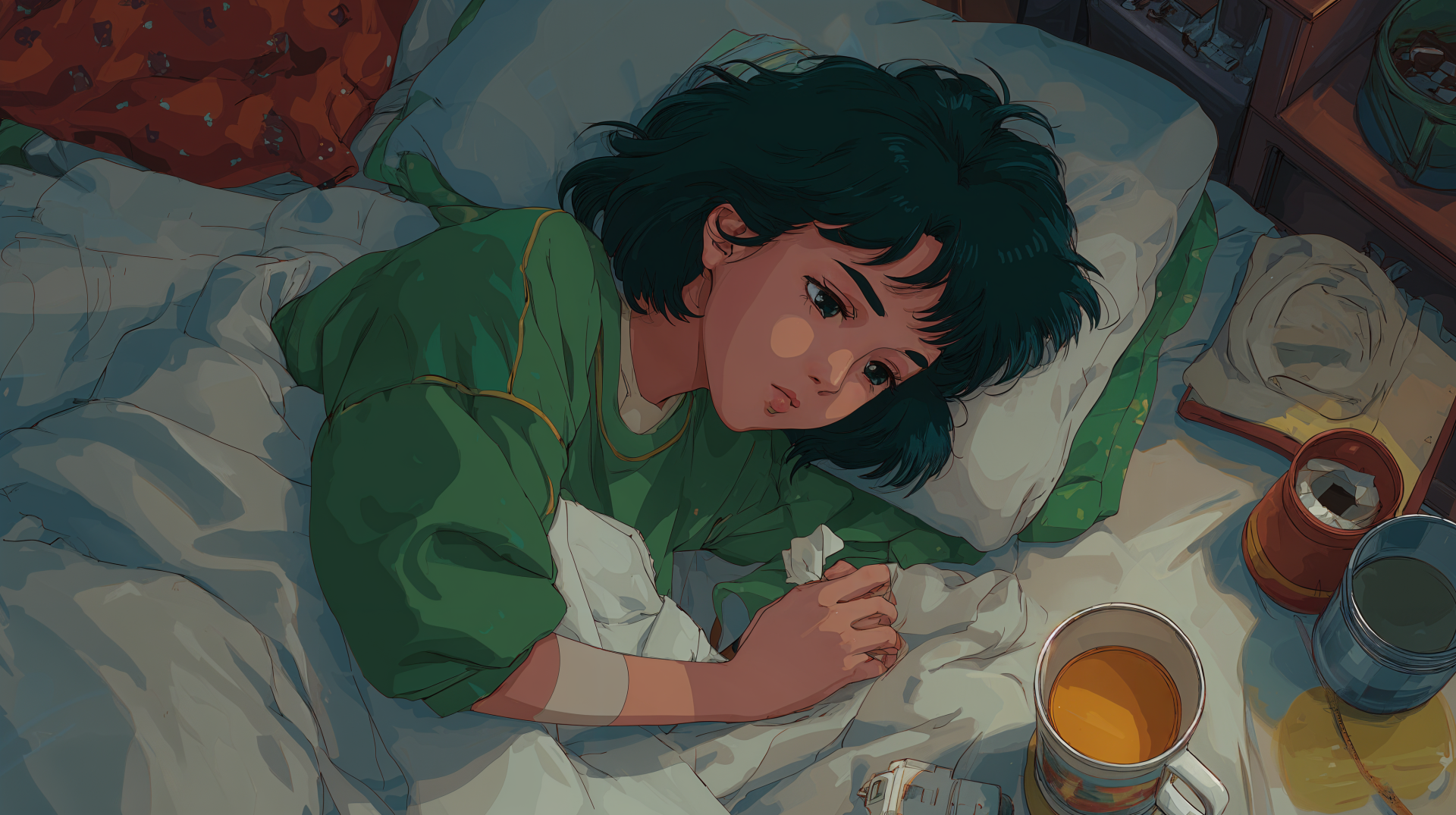 A 4K Ultra HD digital artwork of a woman lying in bed, looking sick and resting with tissues and a cup of tea nearby, captured as a PC desktop wallpaper background.