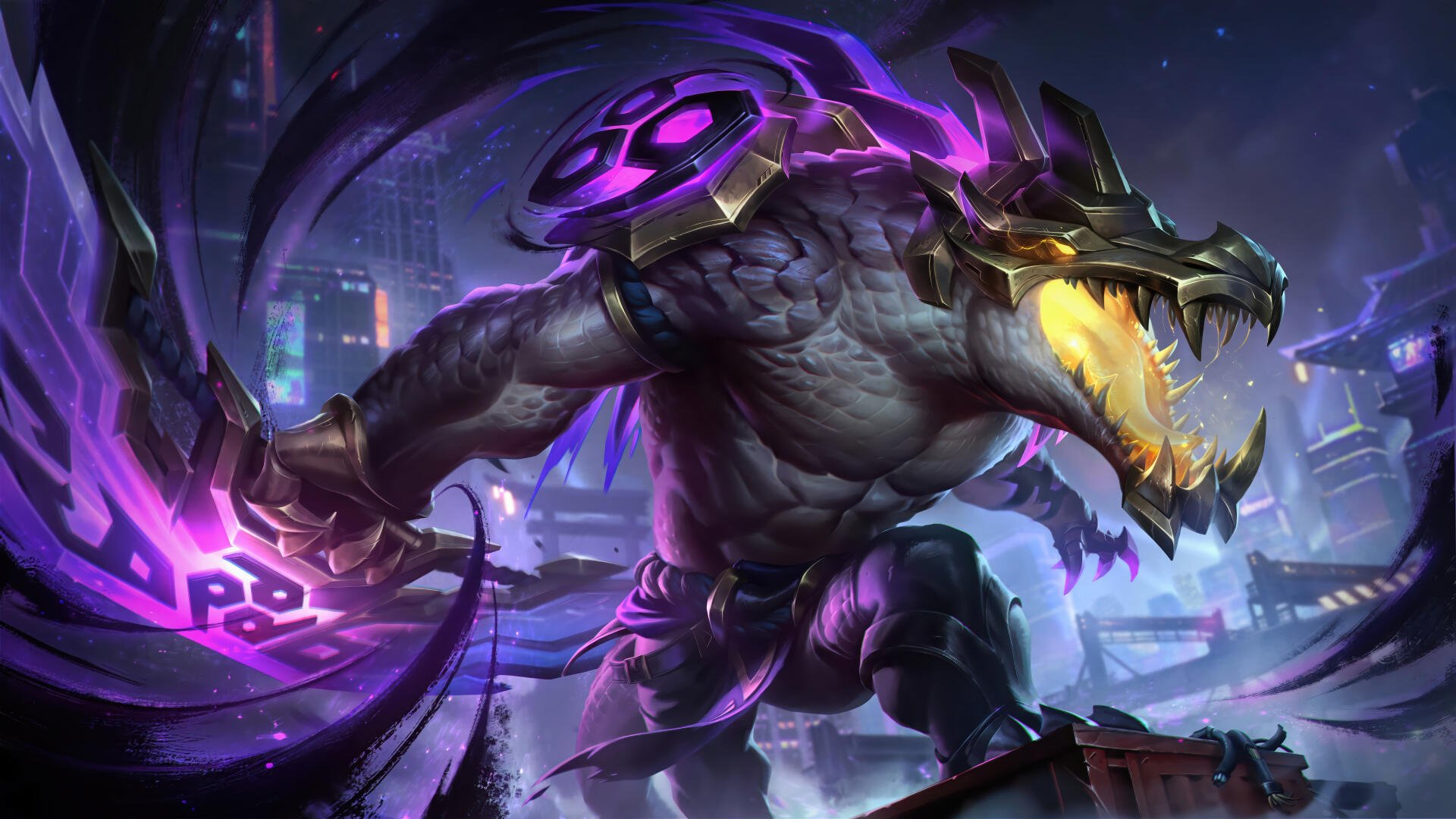 8K Ultra HD wallpaper featuring Renekton, the fierce crocodile-like gaming character from League of Legends, in a dynamic night cityscape battle scene.