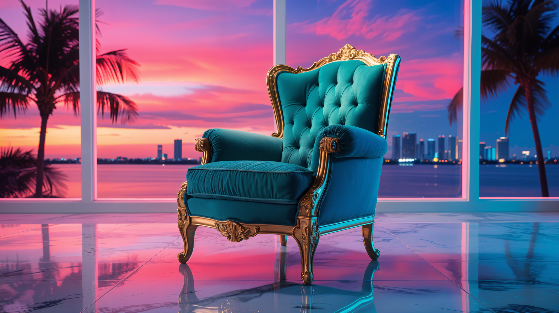 Antique teal upholstered armchair with ornate wooden frame set against a vibrant sunset cityscape, captured in 4K Ultra HD for PC desktop wallpaper and background.