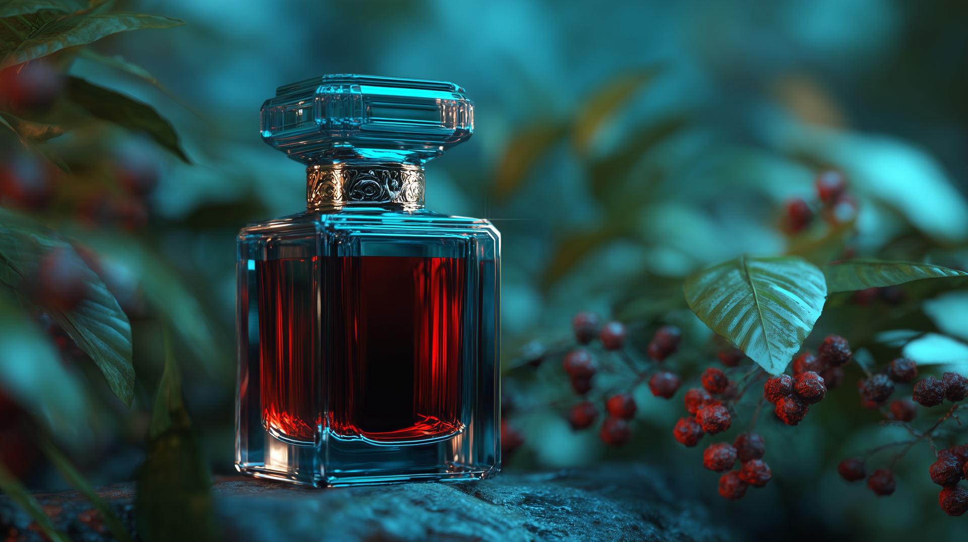 HD desktop wallpaper featuring a man-made perfume bottle with deep red liquid, set against a blurred natural background with berries and green foliage.