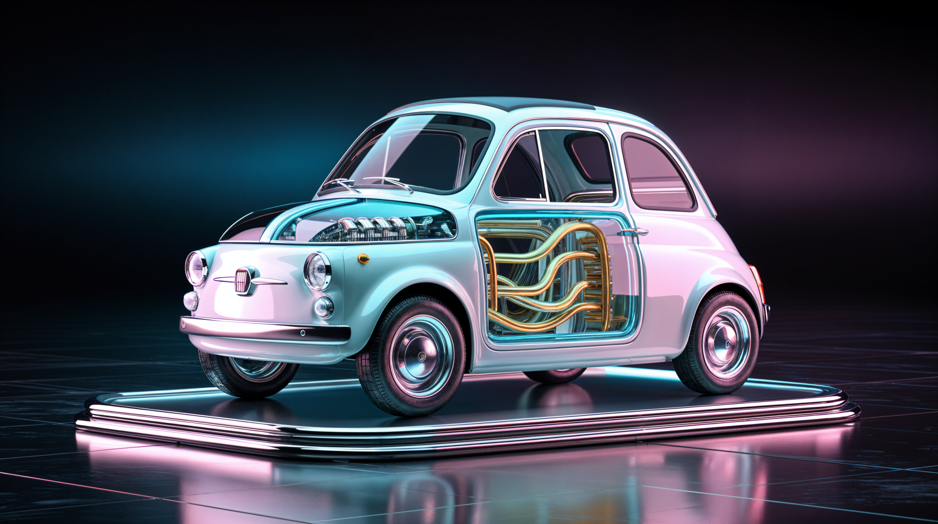 4K Ultra HD PC desktop wallpaper featuring a stylized Fiat car with a transparent section revealing intricate electric wiring inside.